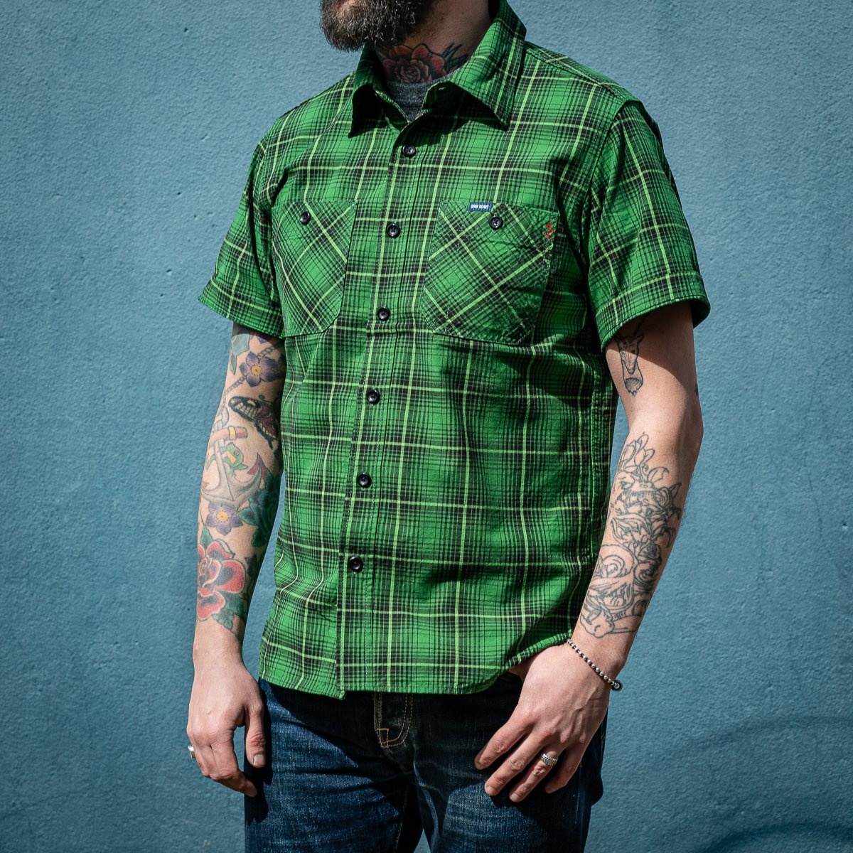 IHSH-392-GRN 5oz Selvedge Short Sleeved Work Shirt - Green Vintage Check - 4
