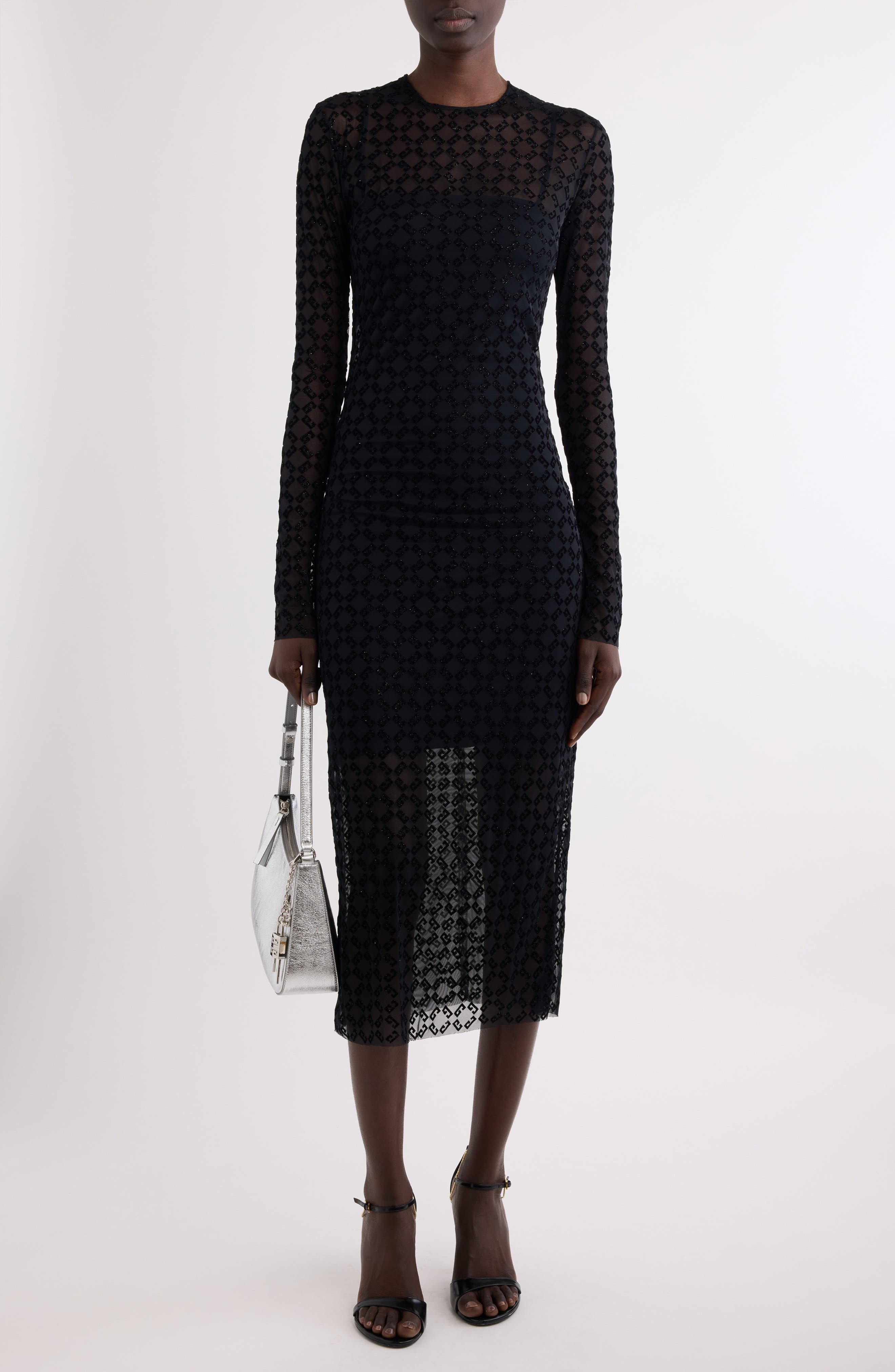 Givenchy Monogram 72 Glitter Flocked Long Sleeve Mesh Dress in Black/Silvery at Nordstrom - 2