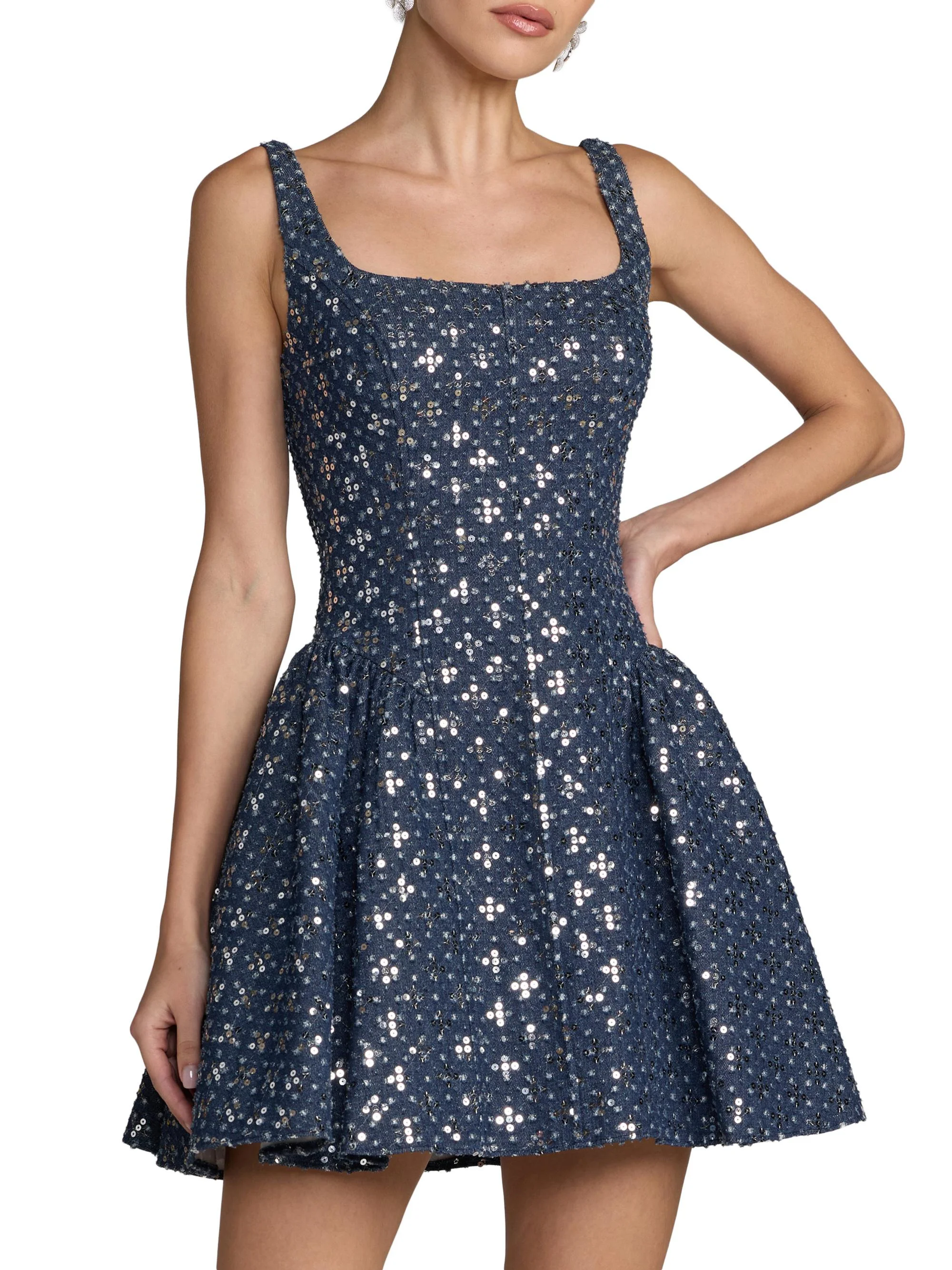 Women's Sequin Denim Fit & Flare Mini Dress - Blue - 1