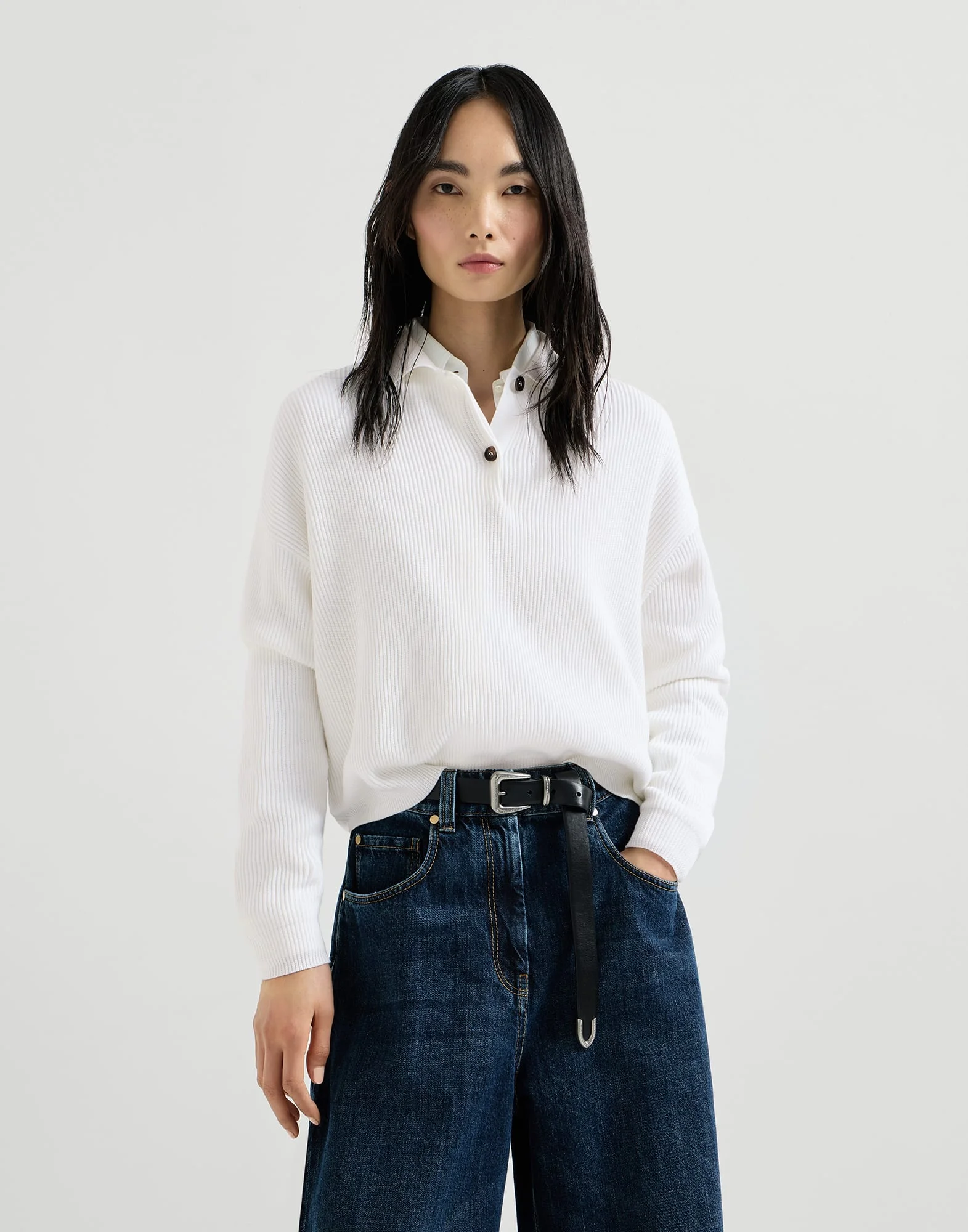 Cotton English rib knit polo shirt with monili - 1