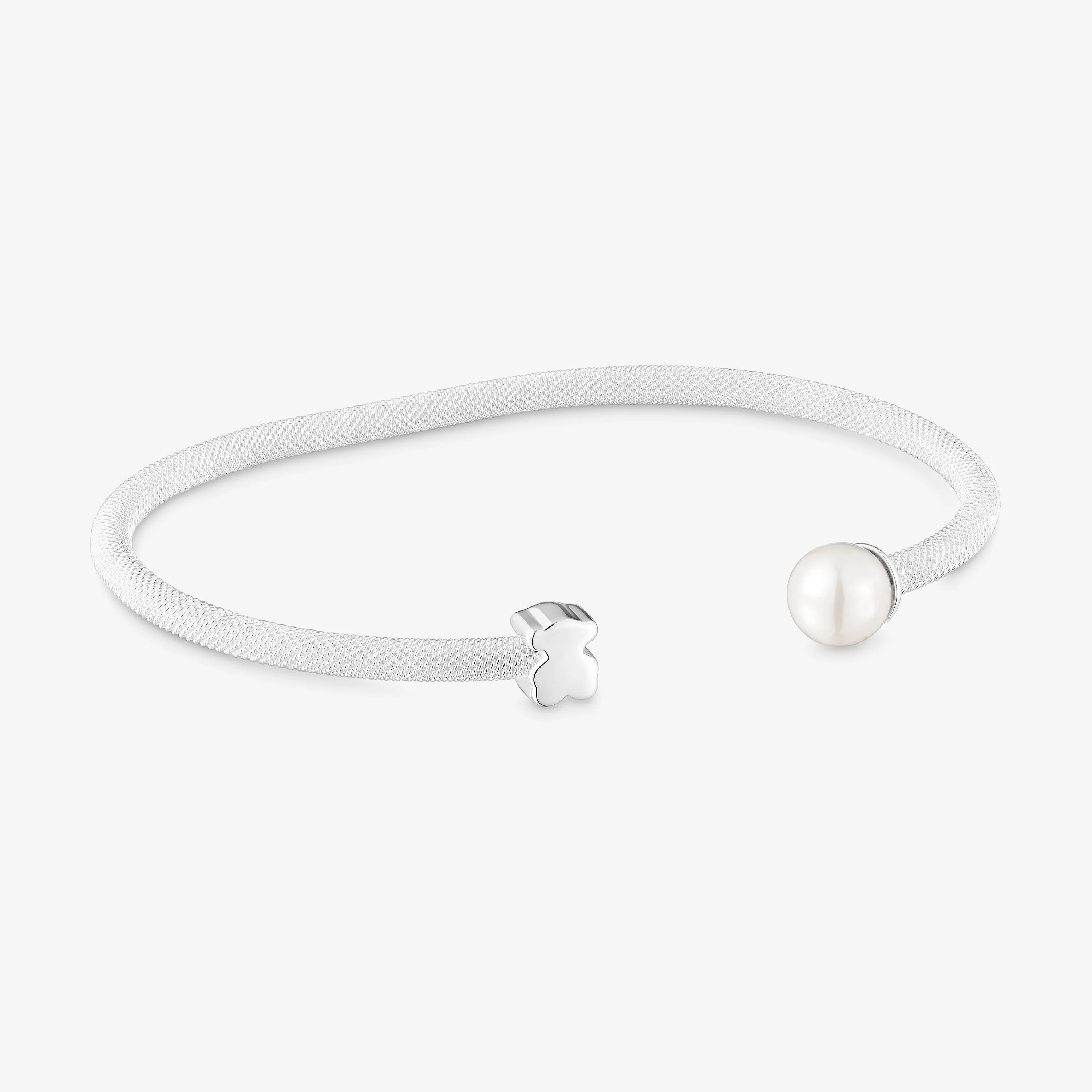 Silver Bangle with cultured pearl Icon Mesh - 1