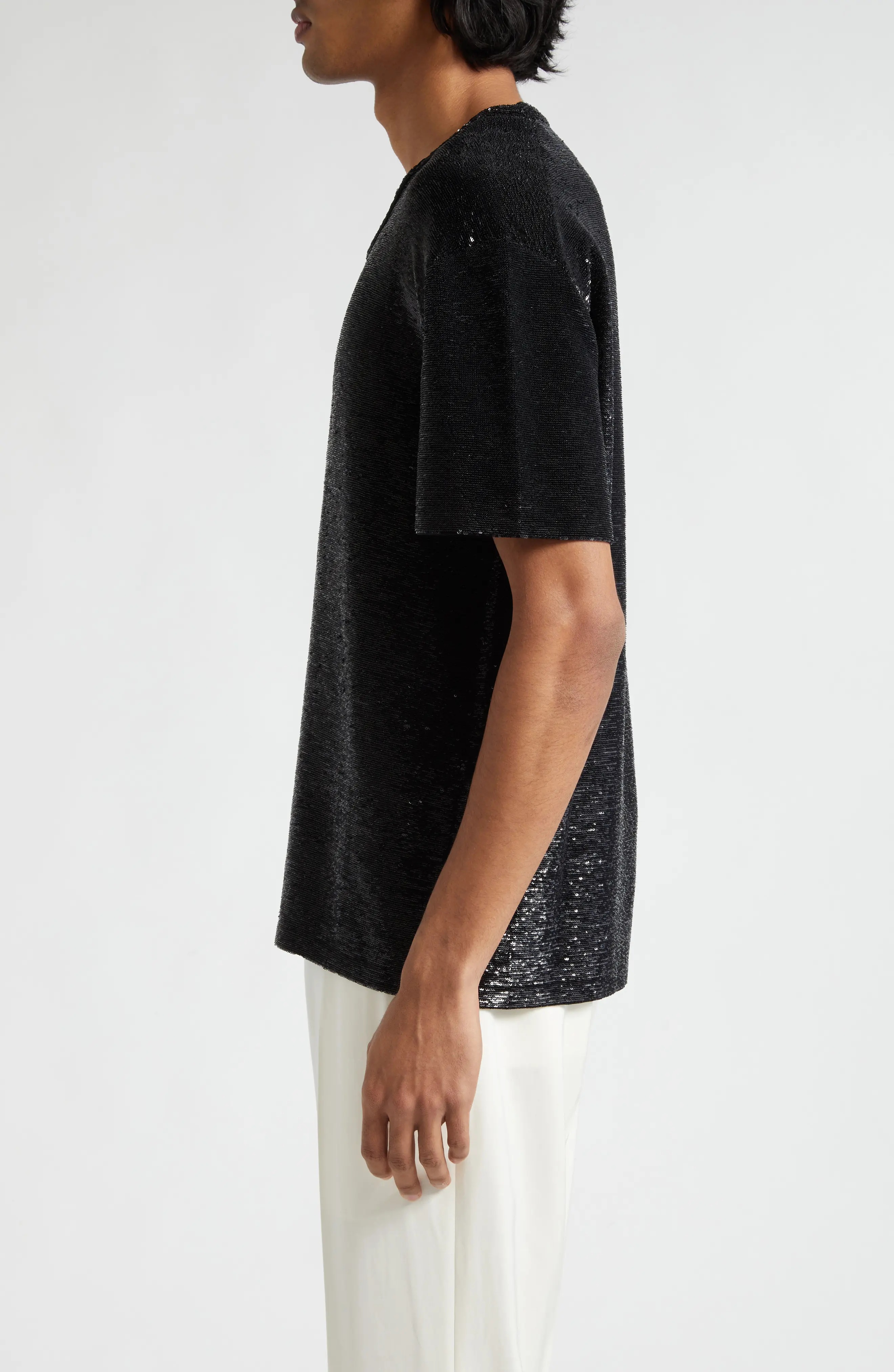 Sequin Embellished Short Sleeve Silk Sweater - 3