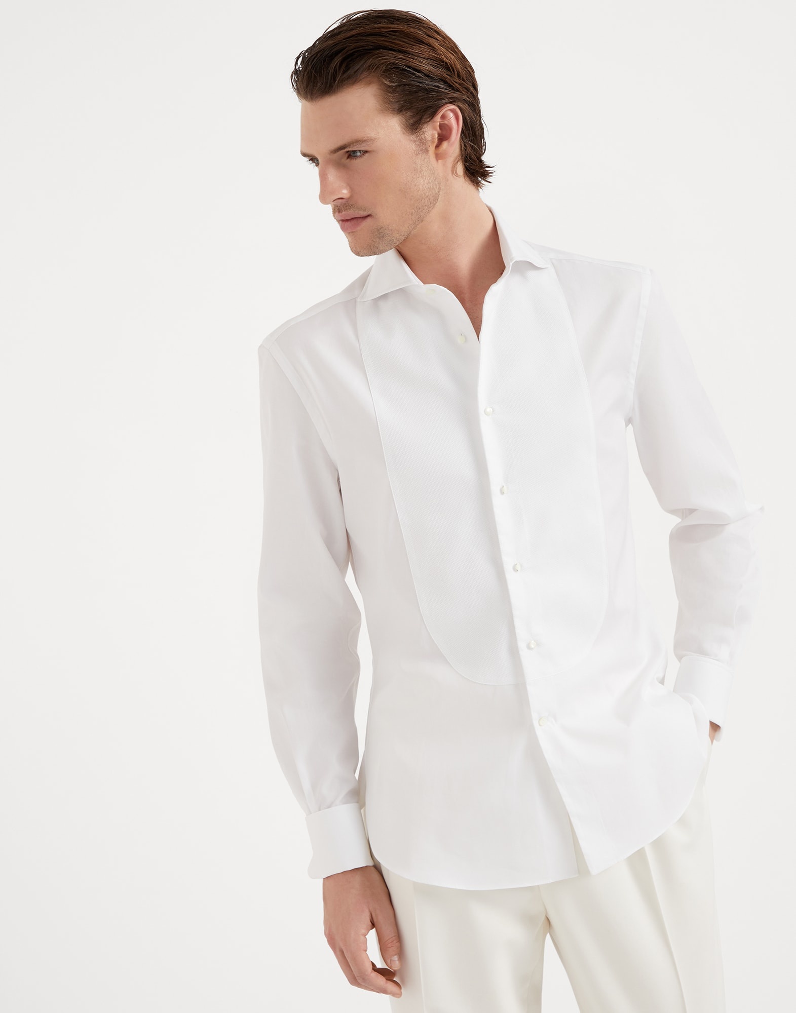 Sea Island cotton twill slim fit tuxedo shirt with pleated bib, spread collar and French cuffs - 1
