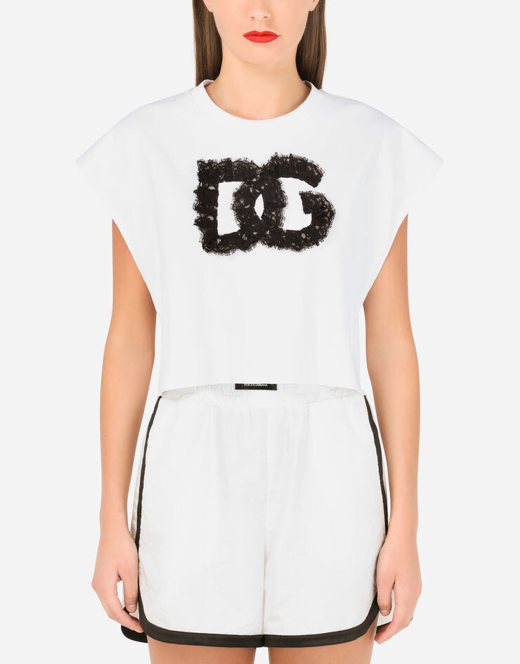 Cropped jersey T-shirt with lace DG embellishment - 1