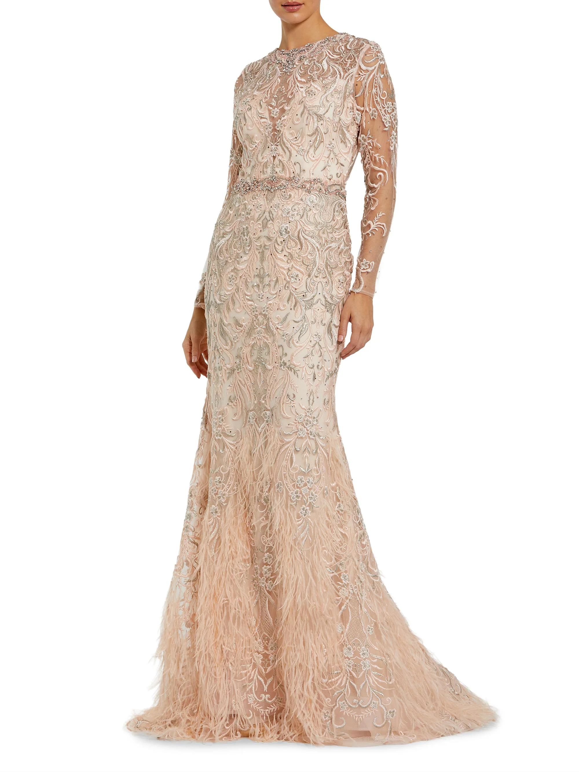 Women's Evening Embroidered Illusion Gown - Blush - 1