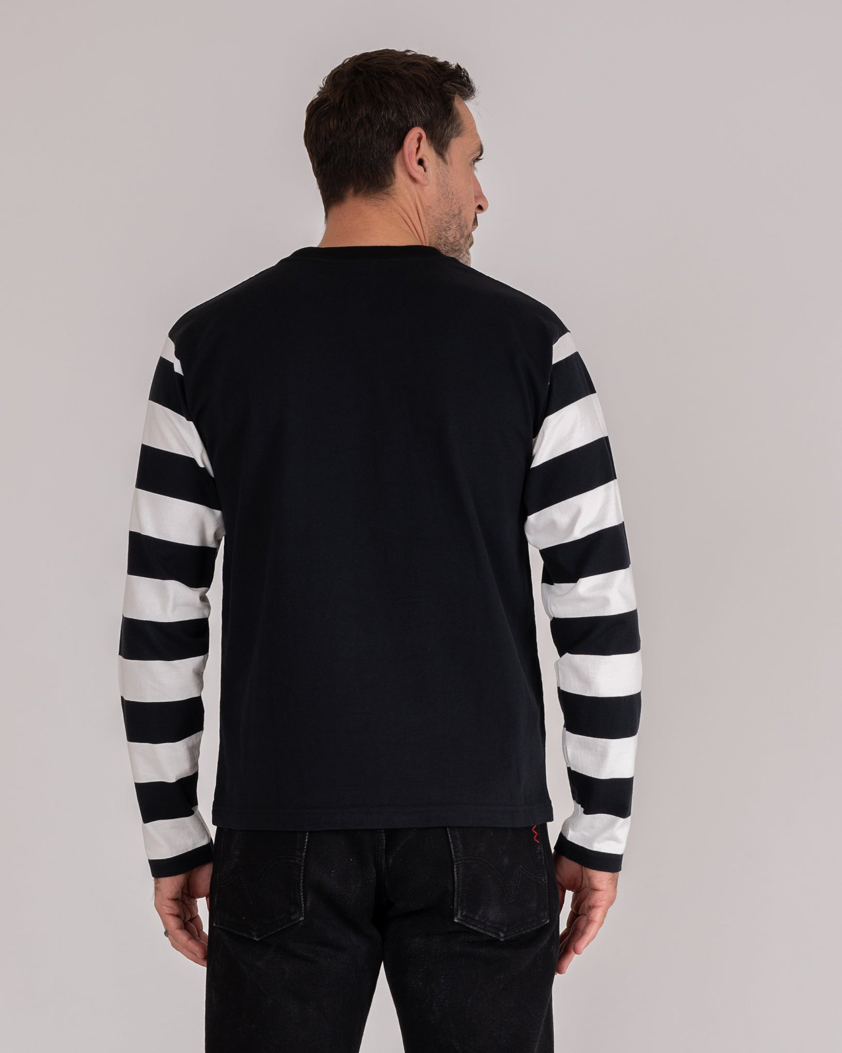 IHTB-11-BLK 7.5oz Cotton Long-Sleeved Crew Neck Border Tee - Black Body with Striped Arms - 3