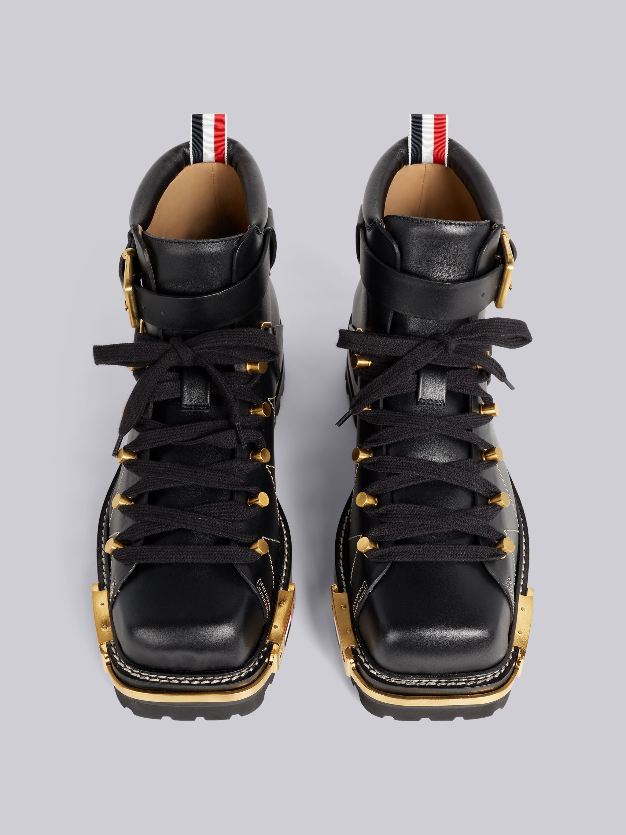 Black Vitello Calf Leather Brass Toe Stacked Sole Square Toe Hiking Boot - 4