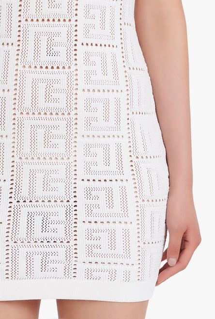 Short white eco-designed knit dress with Balmain monogram - 8