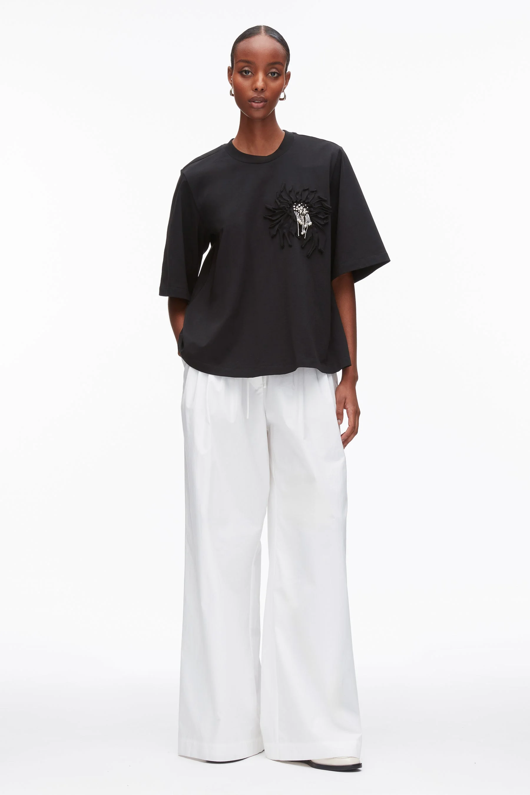 Trapeze T-Shirt with Floral Appliqué - 1