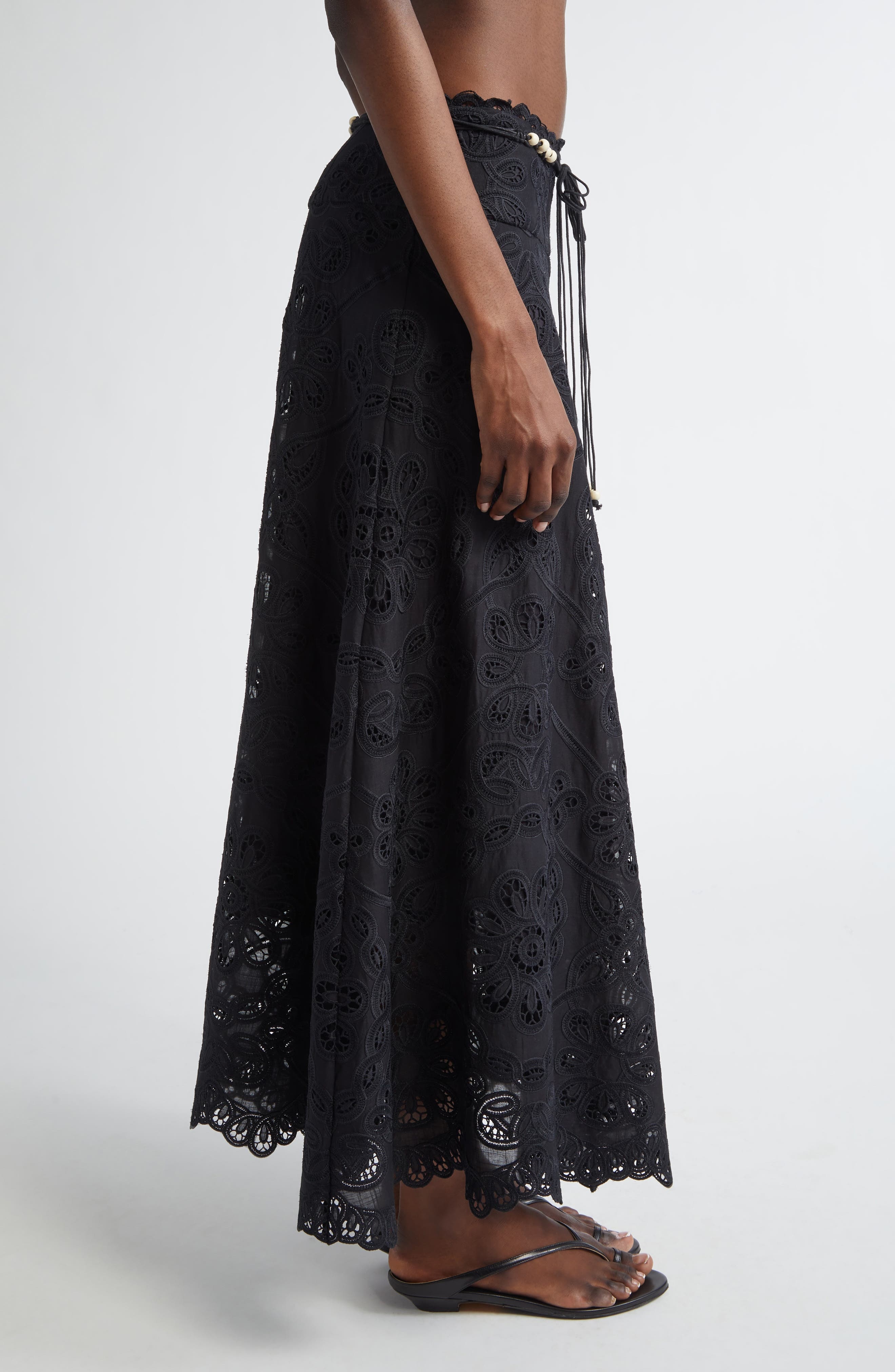 Zimmermann Rhiannon Guipure Lace Trim Cotton Maxi Skirt in Black at Nordstrom - 4