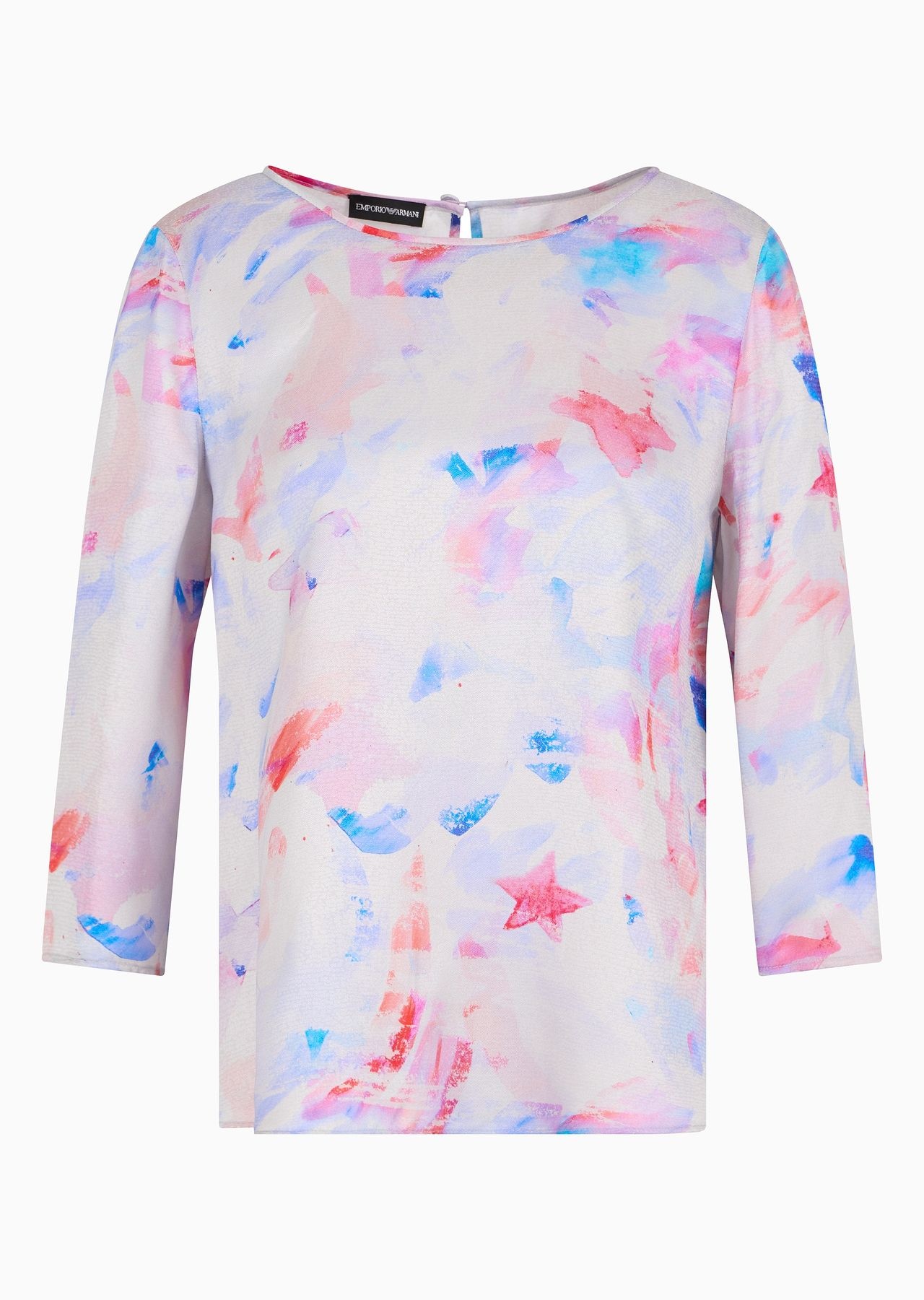 Blouse with three-quarter sleeves in satin crêpe with a watercolour-effect fancy print - 1