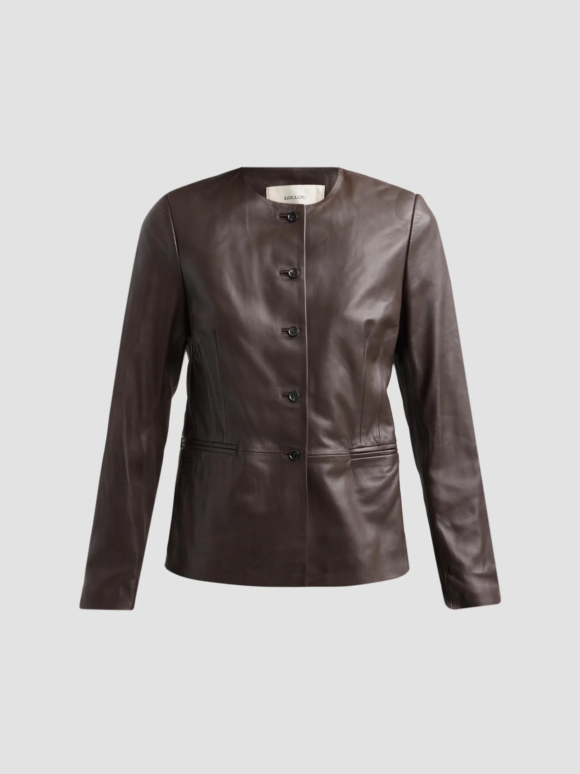 Women's Adea Collarless Leather Jacket - Coffee - 1