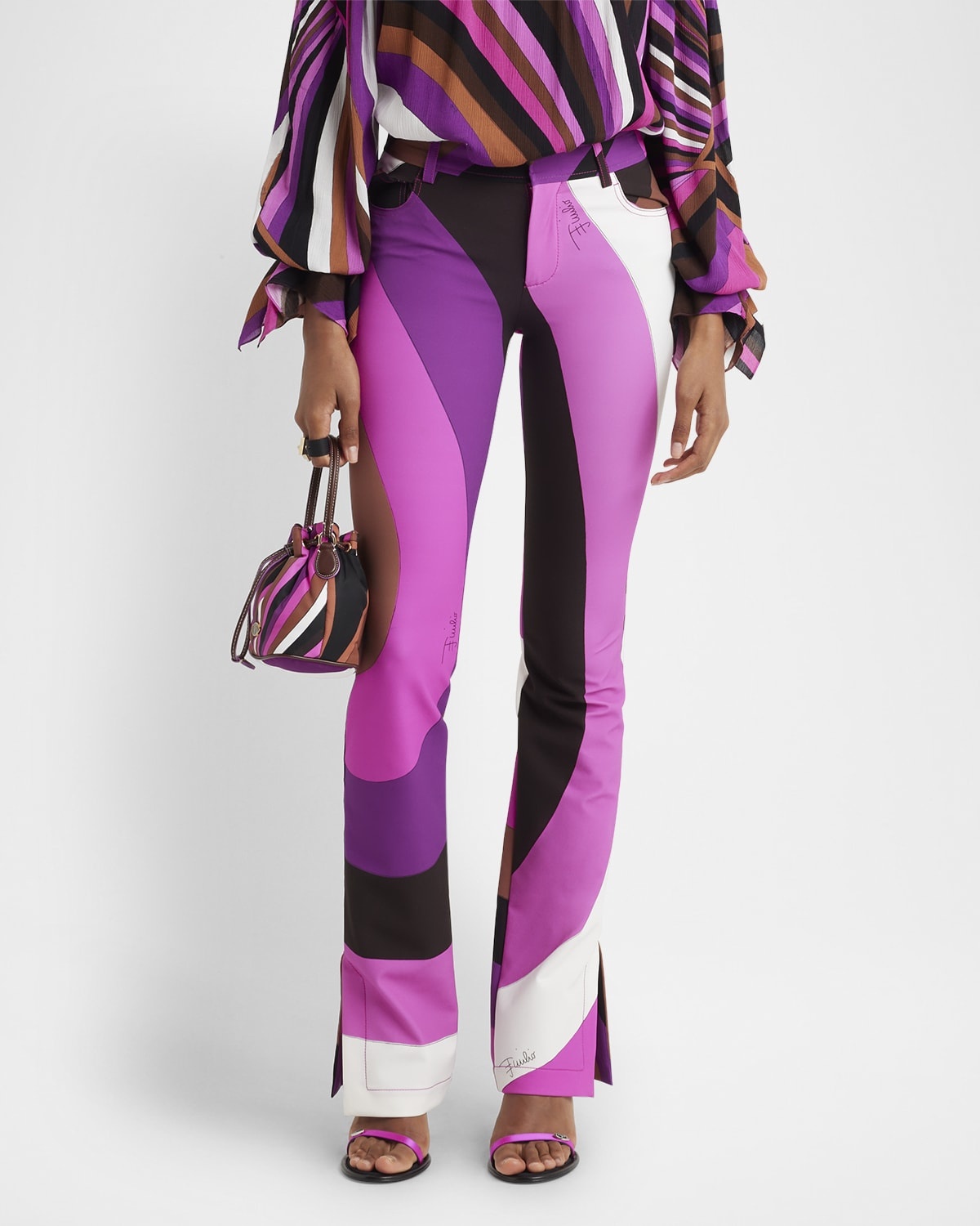 Abstract-Print Bootcut-Leg Slit-Hem Trousers - 1