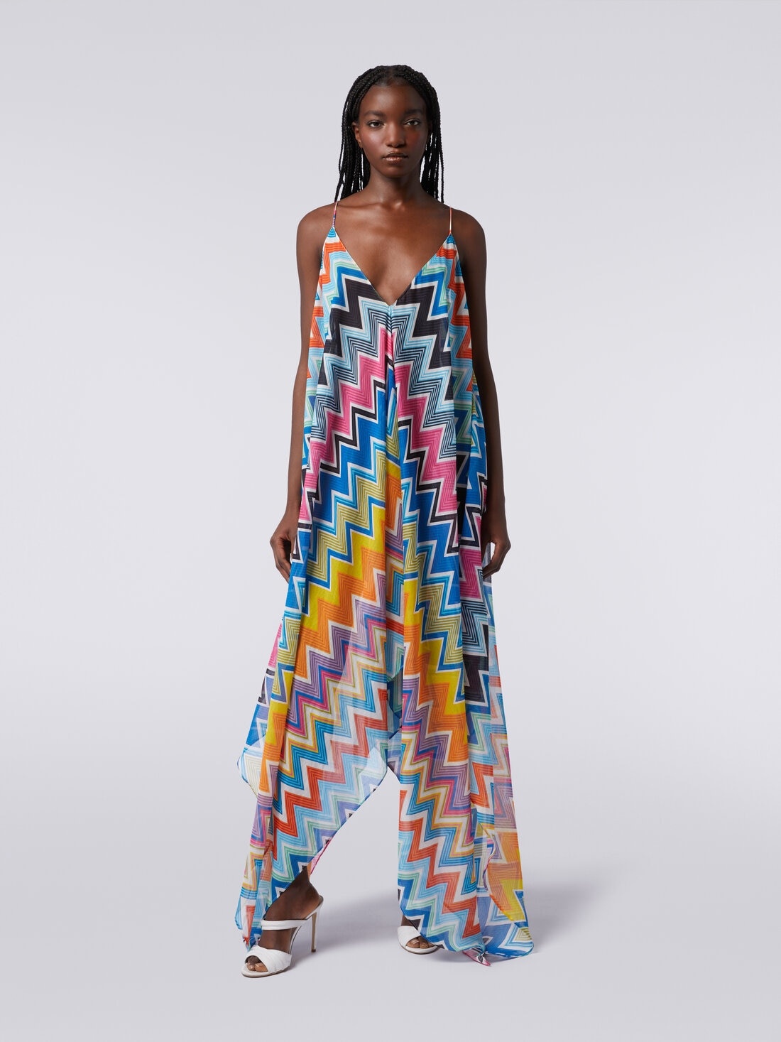 Long cover-up with neck scarf cut in printed cotton and silk - 2