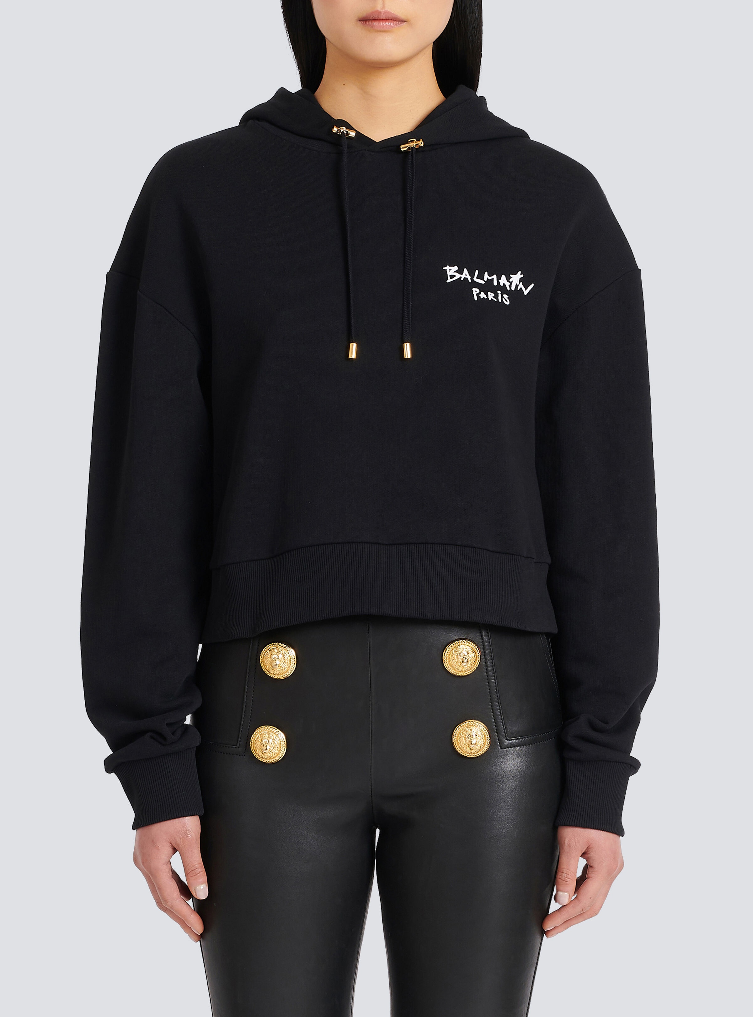 Cropped eco-design cotton sweatshirt with flocked graffiti Balmain logo - 6