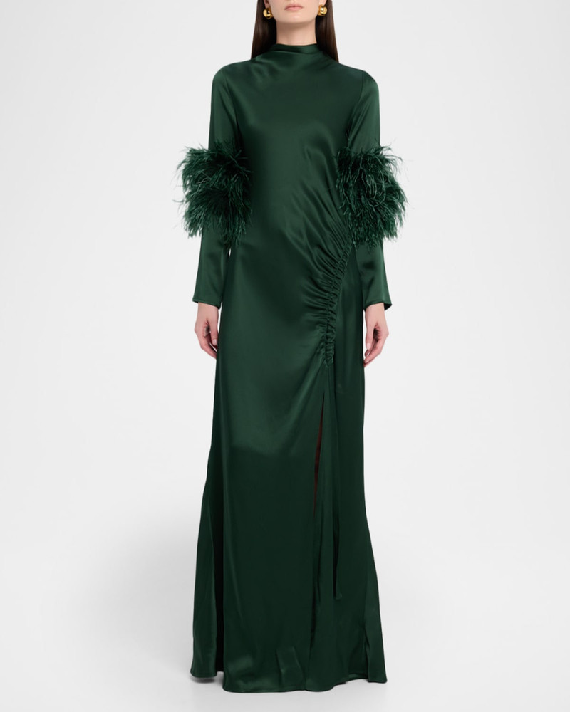LAPOINTE Feather-Trim Long-Sleeve Satin Maxi Dress outlook