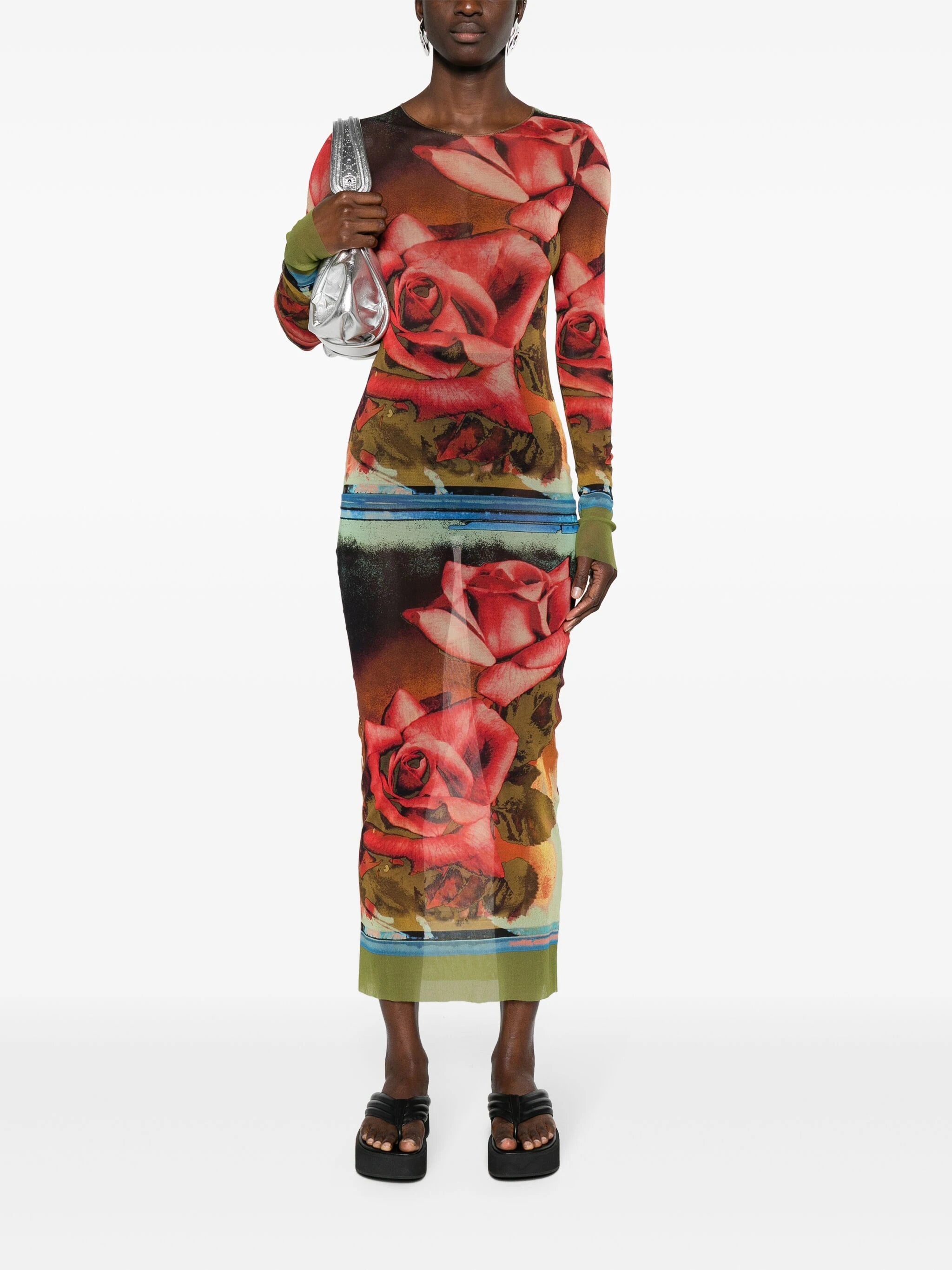 JEAN PAUL GAULTIER Women Printed "Roses" Mesh Long Sleeves Dress - 4