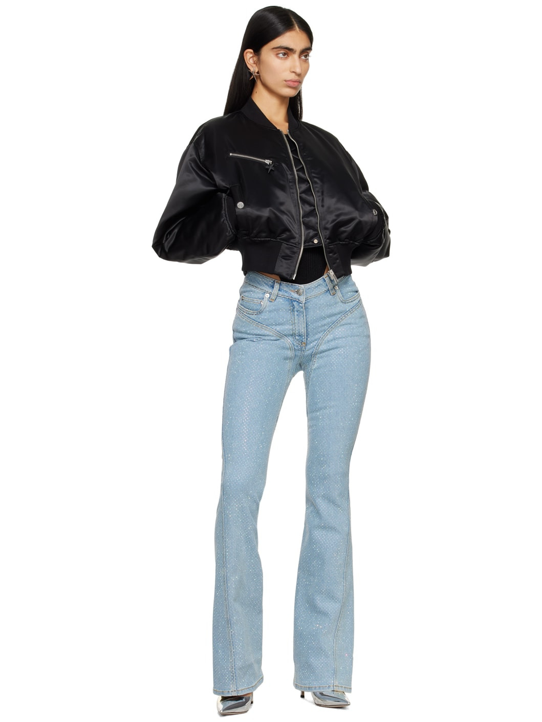 Black Cropped Bomber Jacket - 4