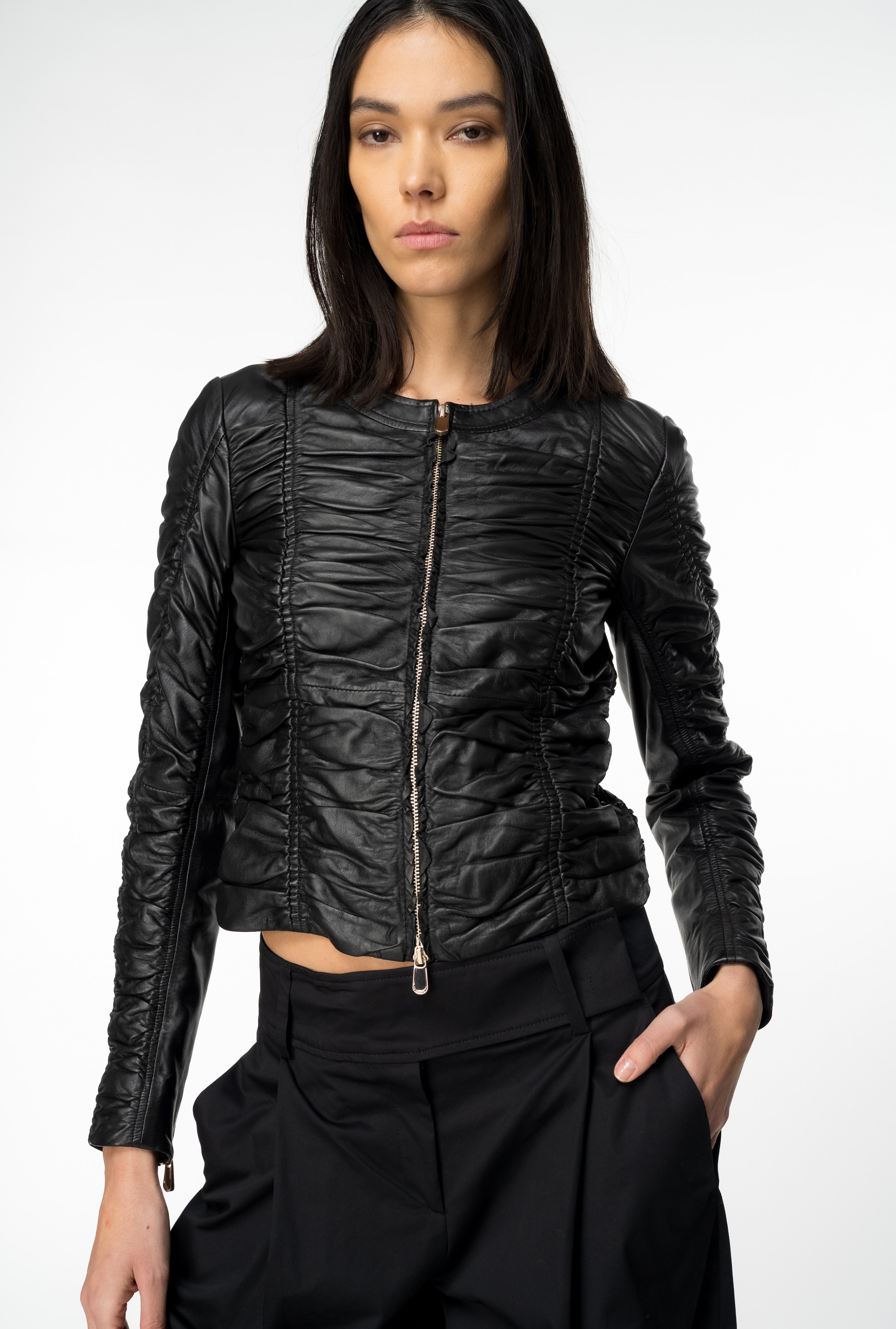 GATHERED NAPPA LEATHER JACKET - 2