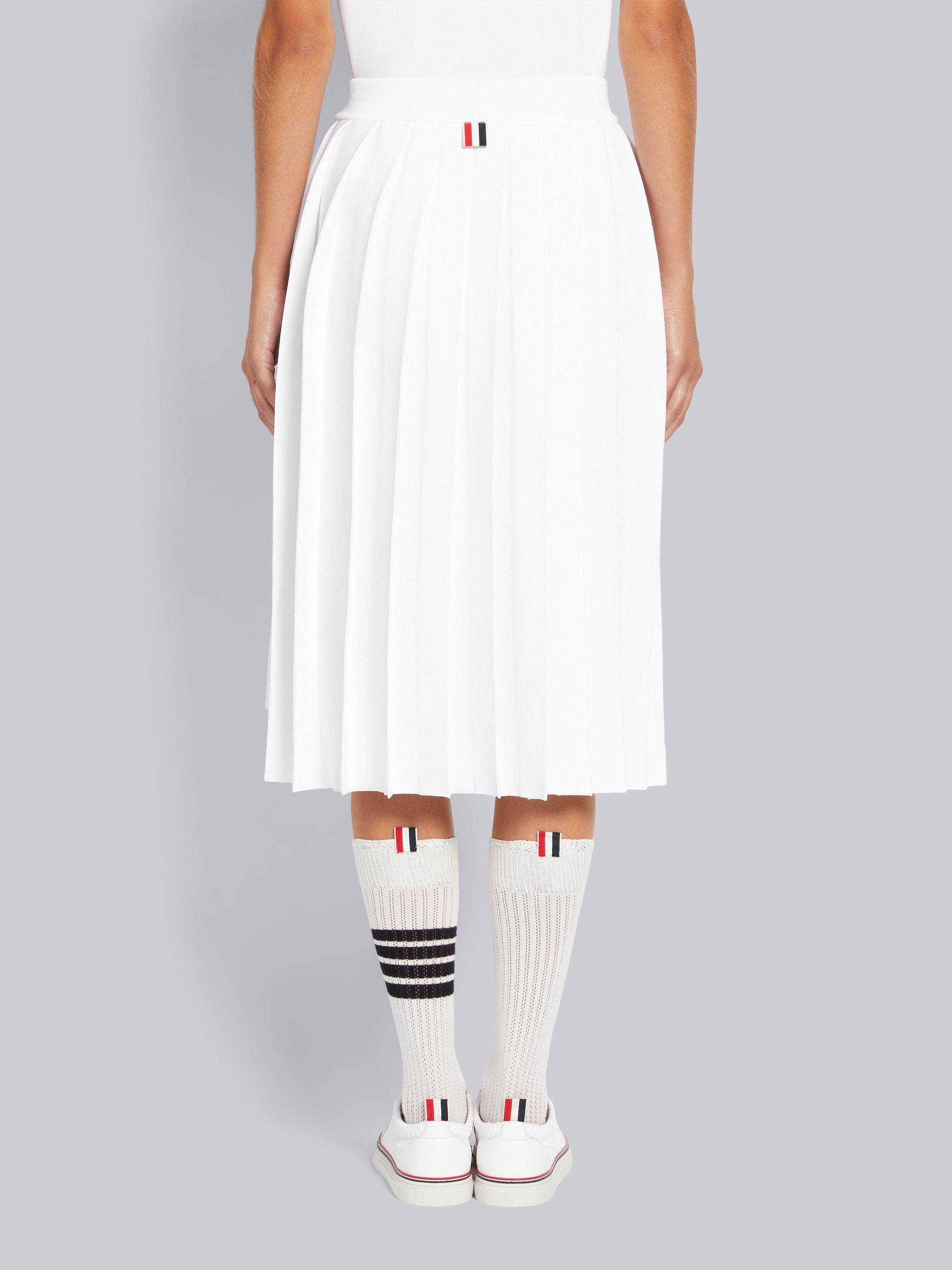 White Stretch Viscose Stripe Below The Knee Pleated Skirt - 3