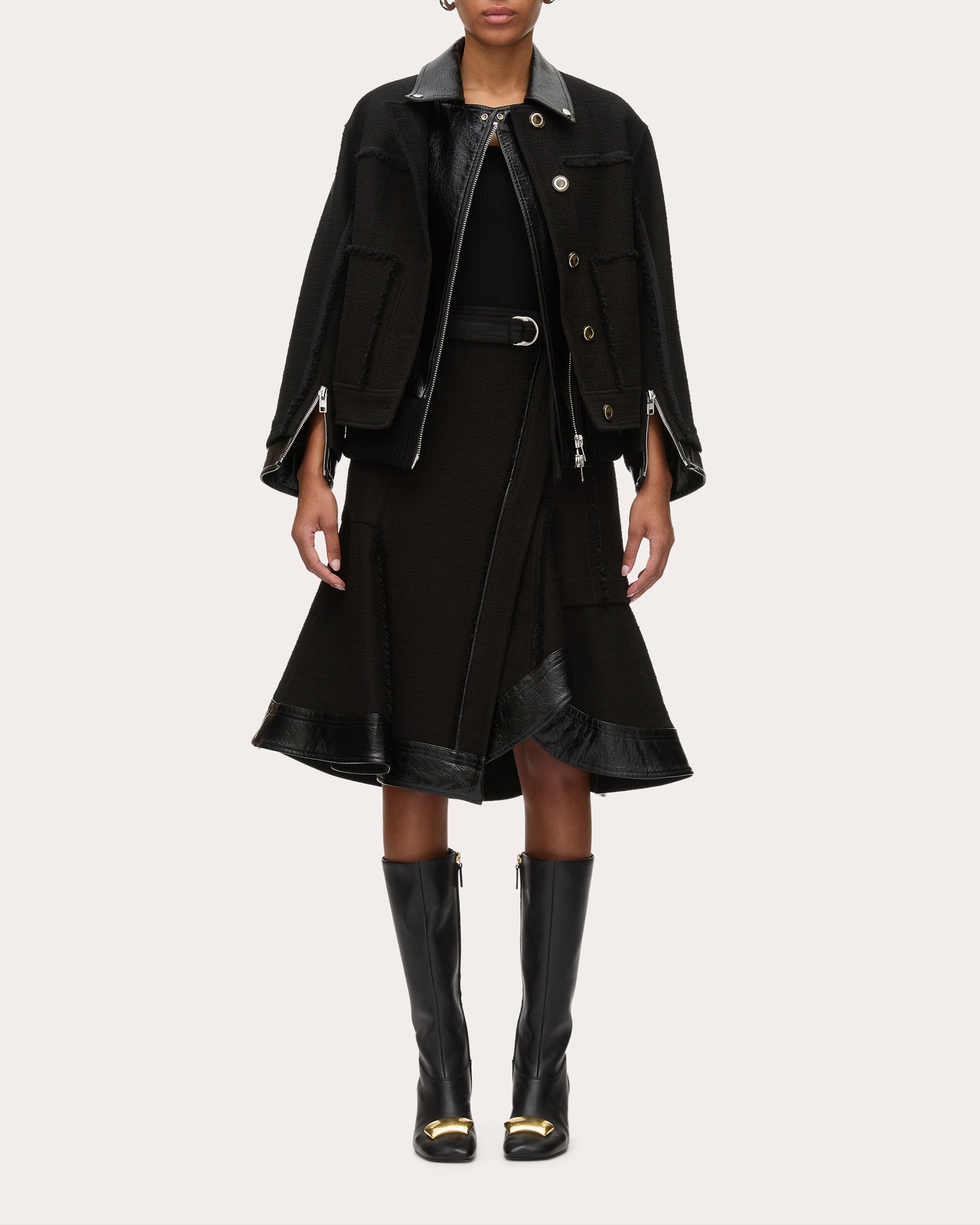 Layered Faux Leather-Trim Tweed Jacket - 4
