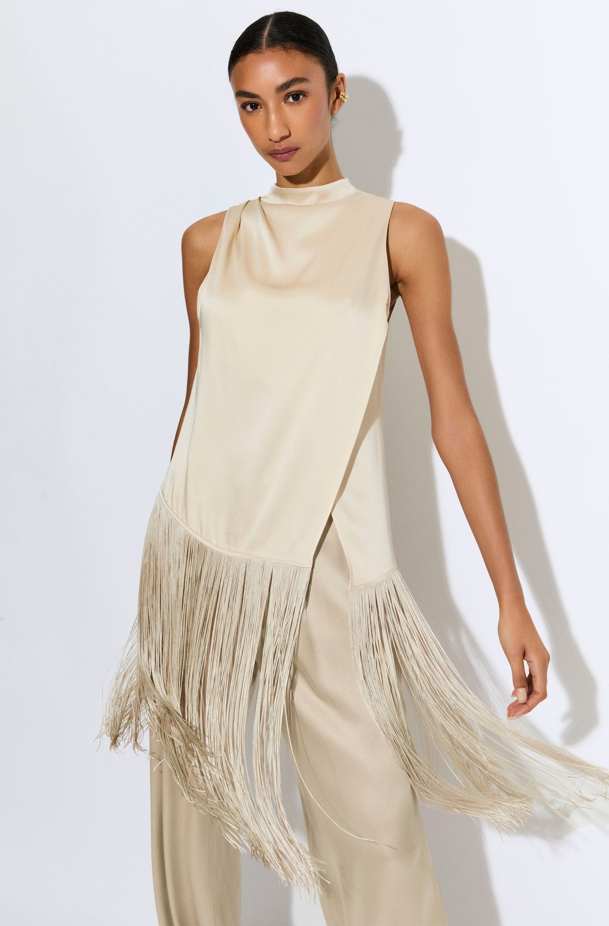 Satin Cowl Neck Fringe Top - 4