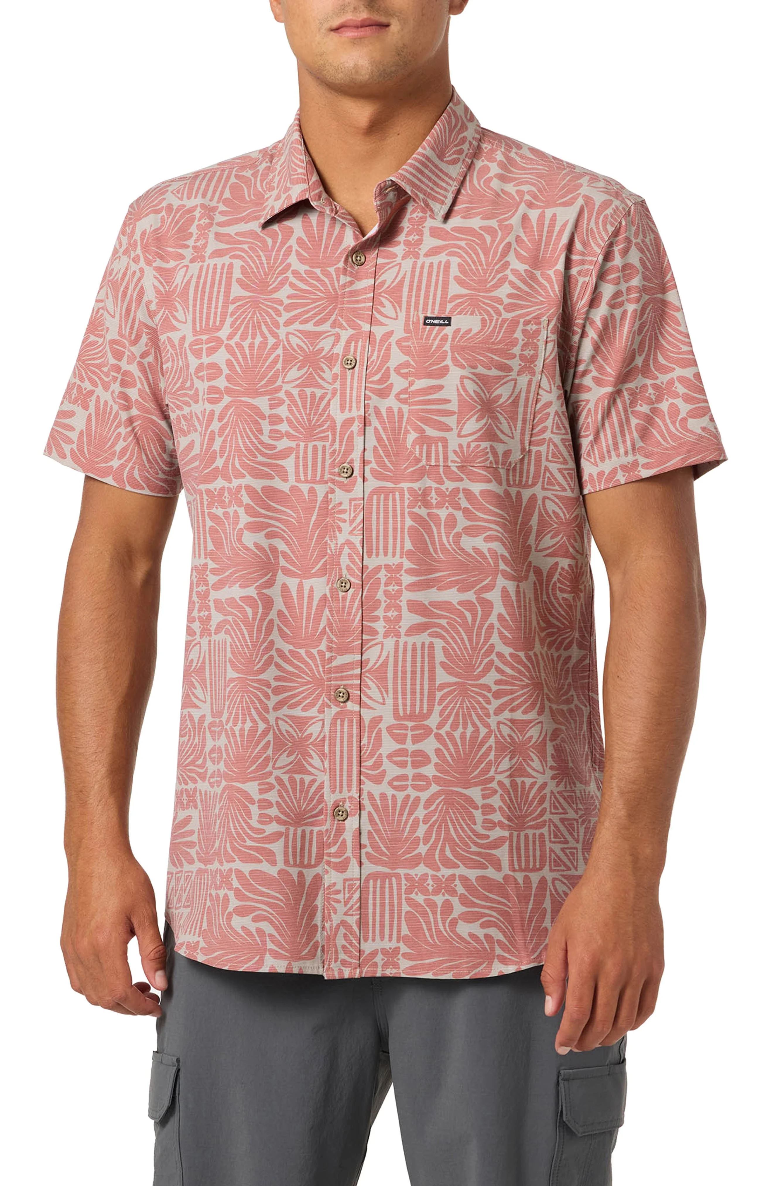 O'Neill UPF Slub Standard Short Sleeve Performance Button-Up Shirt in Khaki at Nordstrom - 1