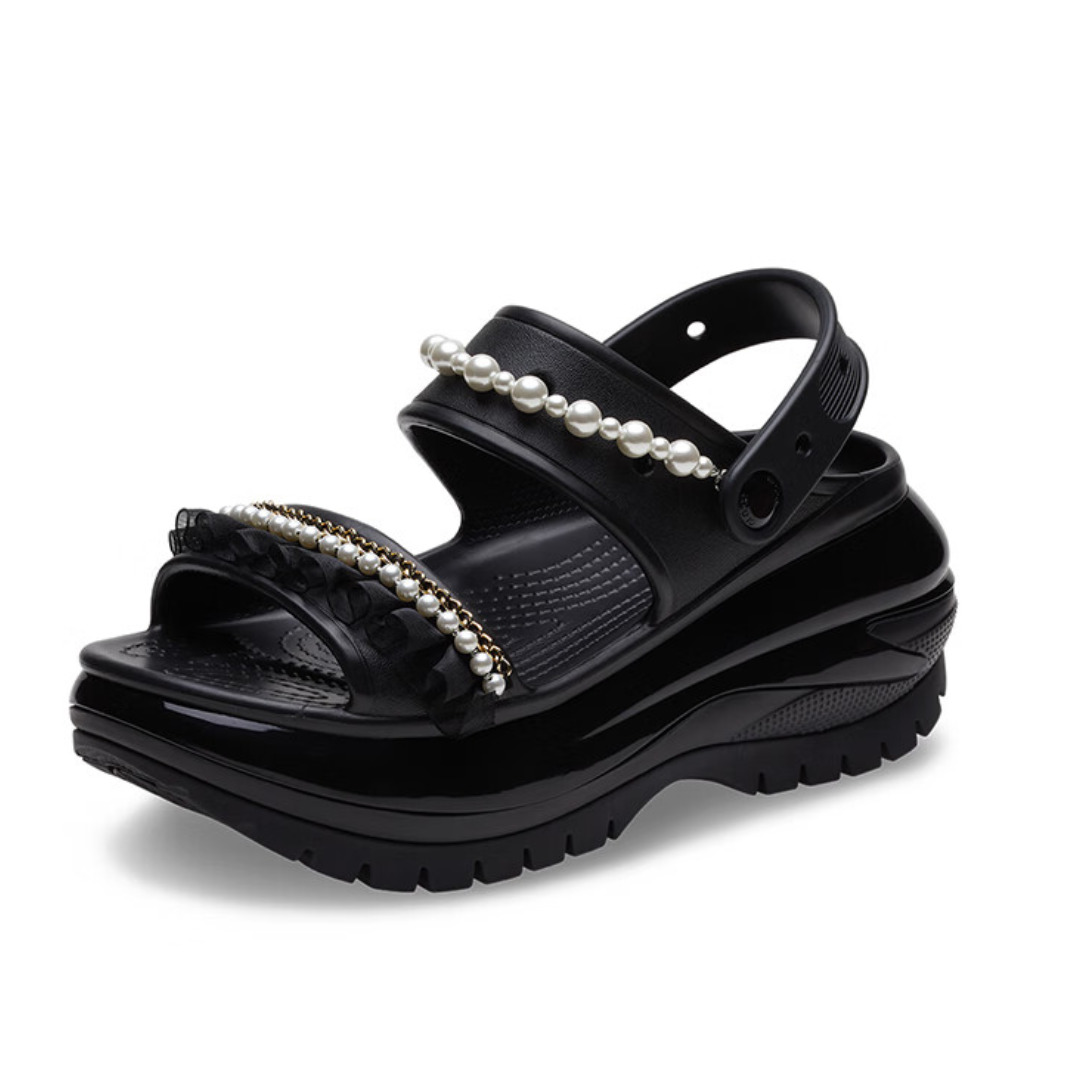 (WMNS) Crocs Mega Crush Pearl Ruffle Sandal 'Black' 210179 - 2
