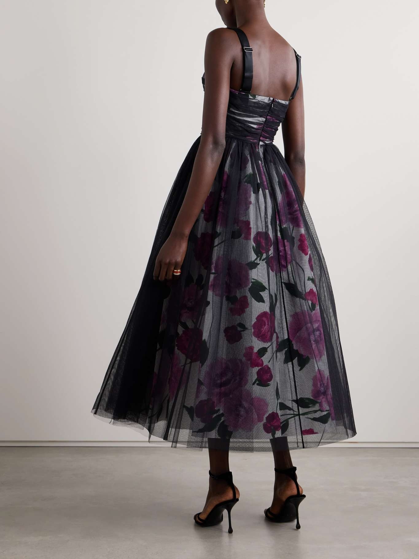 Layered ruched tulle and floral-print cotton-faille midi dress - 3