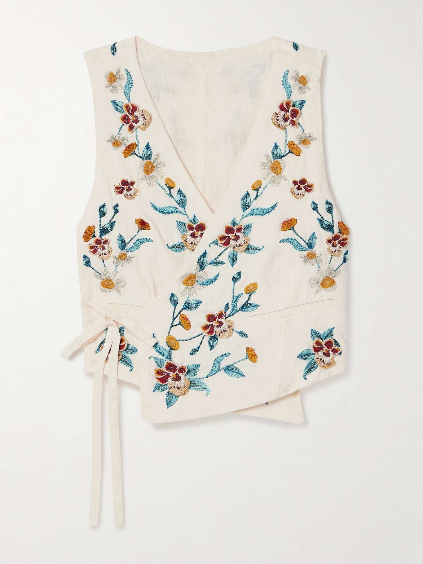 Bella Florero appliquéd embroidered linen wrap vest - 1