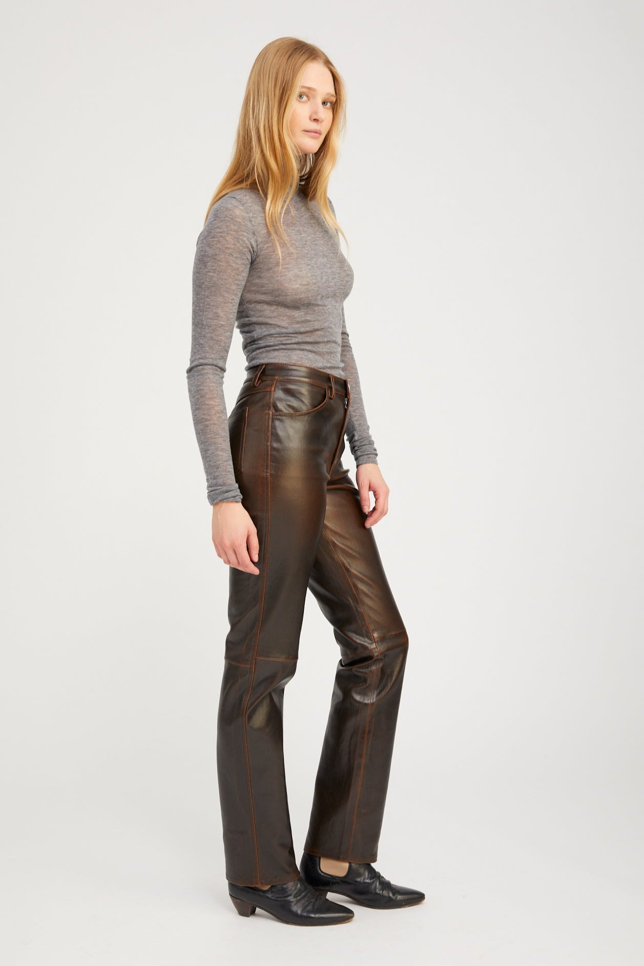 BURNT UMBER LEATHER 5 POCKET SLIM STRAIGHT - 5