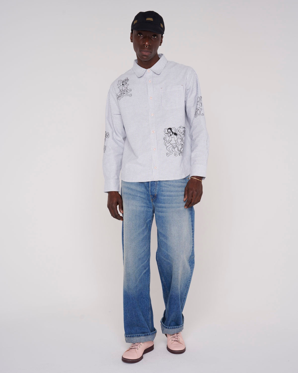 Striped Embroidered Mouse Button Up Shirt - Blue - 8