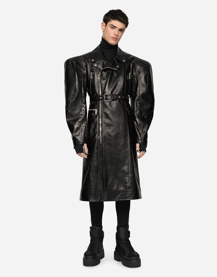 Lambskin trench coat with embossed logo - 1