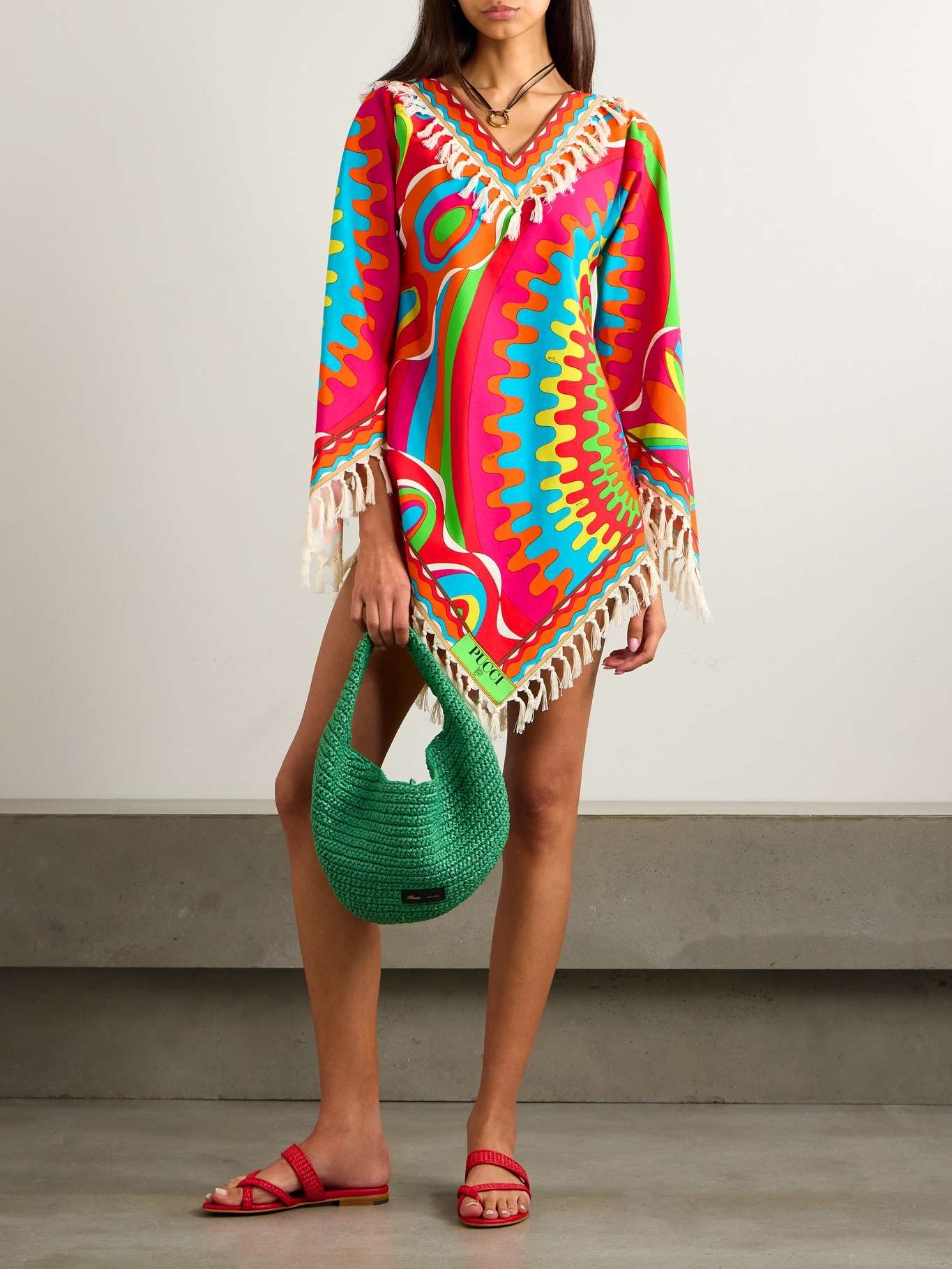 Asymmetric fringed printed cotton-twill kaftan - 2