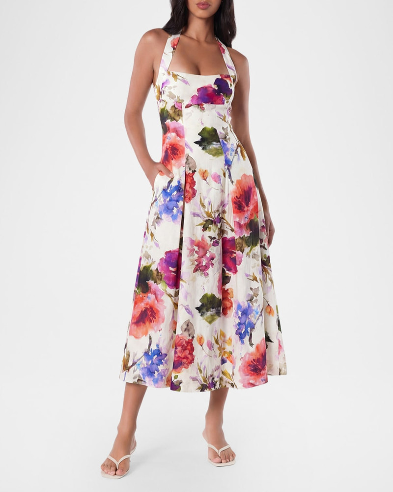 NICHOLAS Elisabeth Pleated Floral-Print Halter Midi Dress outlook
