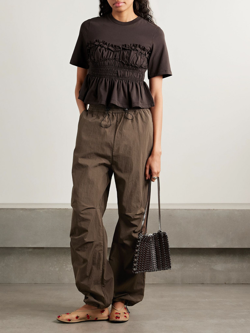 CECILIE BAHNSEN Vilde ruffled shirred cotton-jersey T-shirt Brown outlook