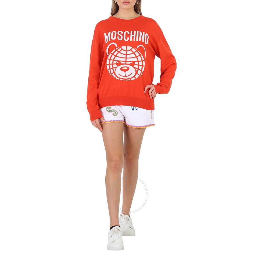 Moschino Fantasy Print Red Teddy Logo Intarsia-Knit Cotton Sweater - 6