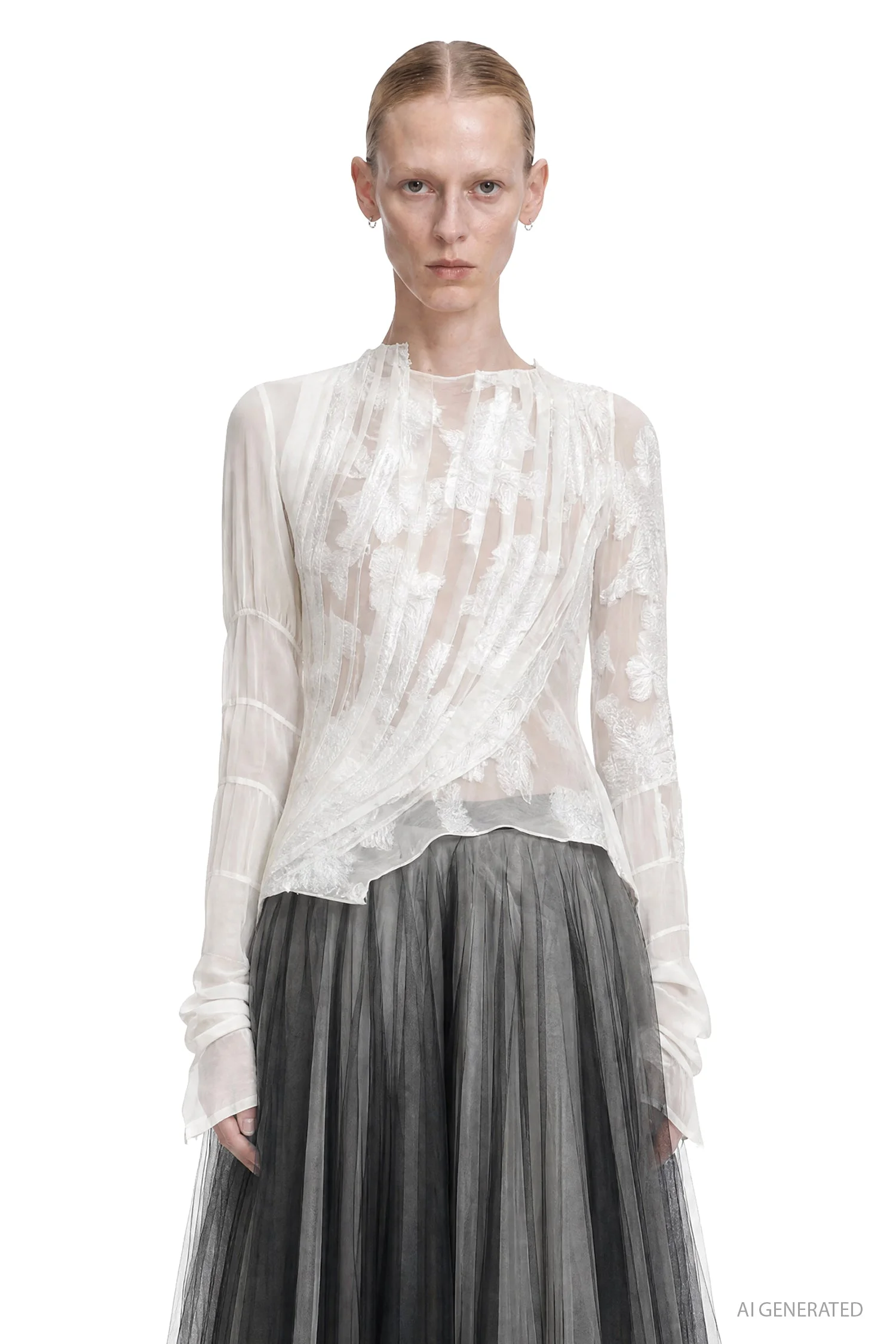 Pleated Lace Long Sleeve Top - 1