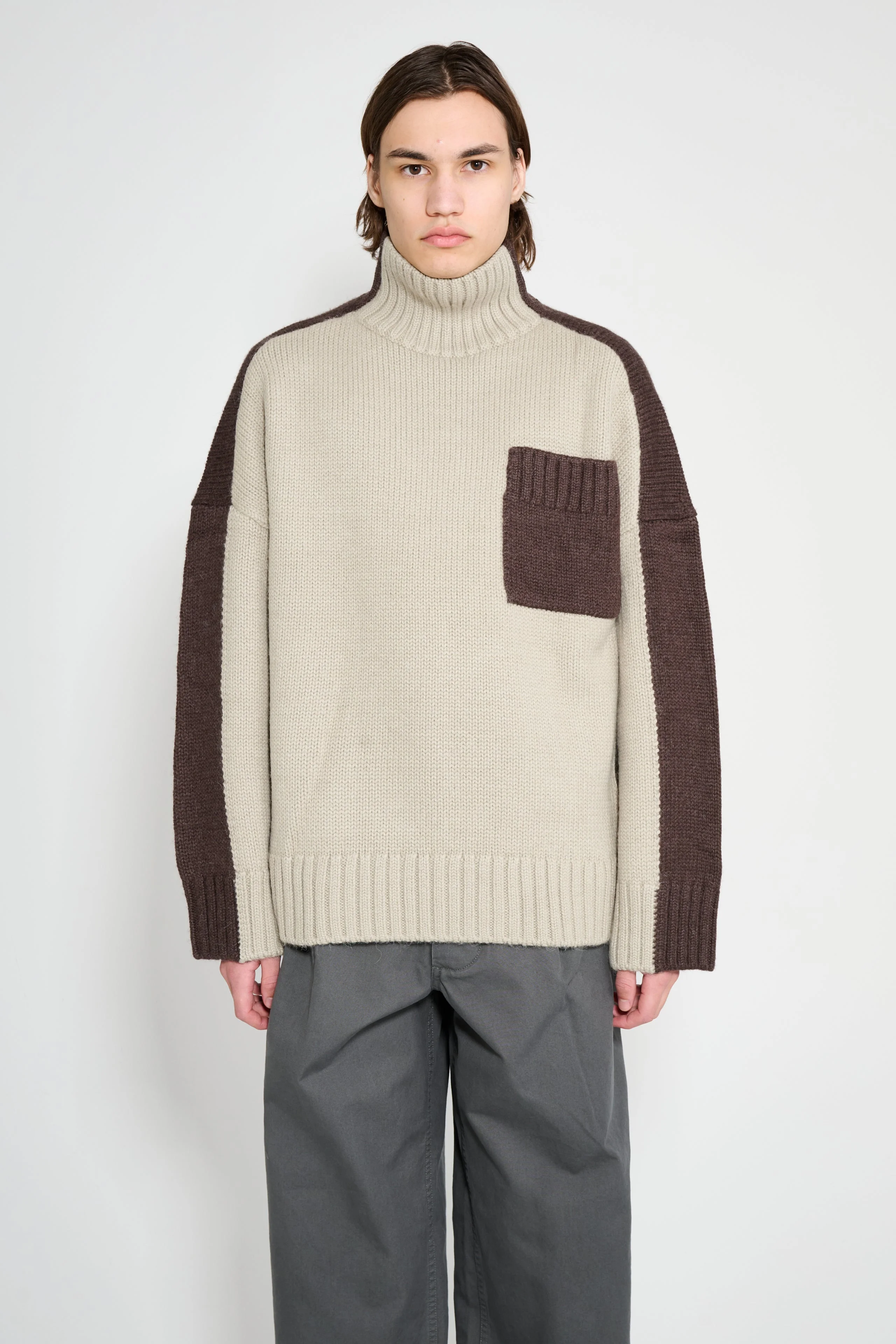 JW ANDERSON TWO TONE PATCH POCKET JUMPER NOUGAT / CHOCOLATE - 1