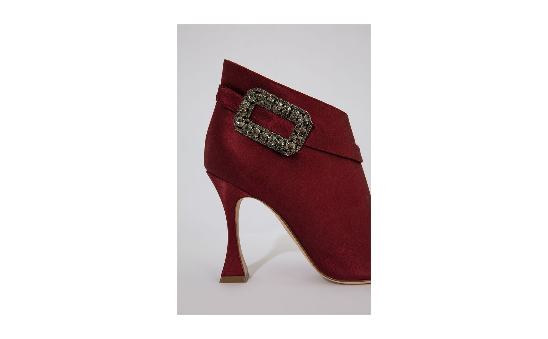 Dark Red Satin Crystal Buckle Ankle Boots - 5
