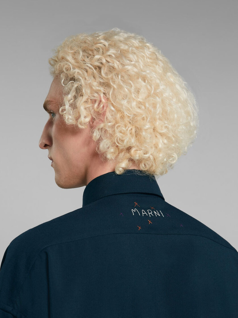 DEEP BLUE WOOL SHIRT WITH EMBROIDERED DRAGON 5