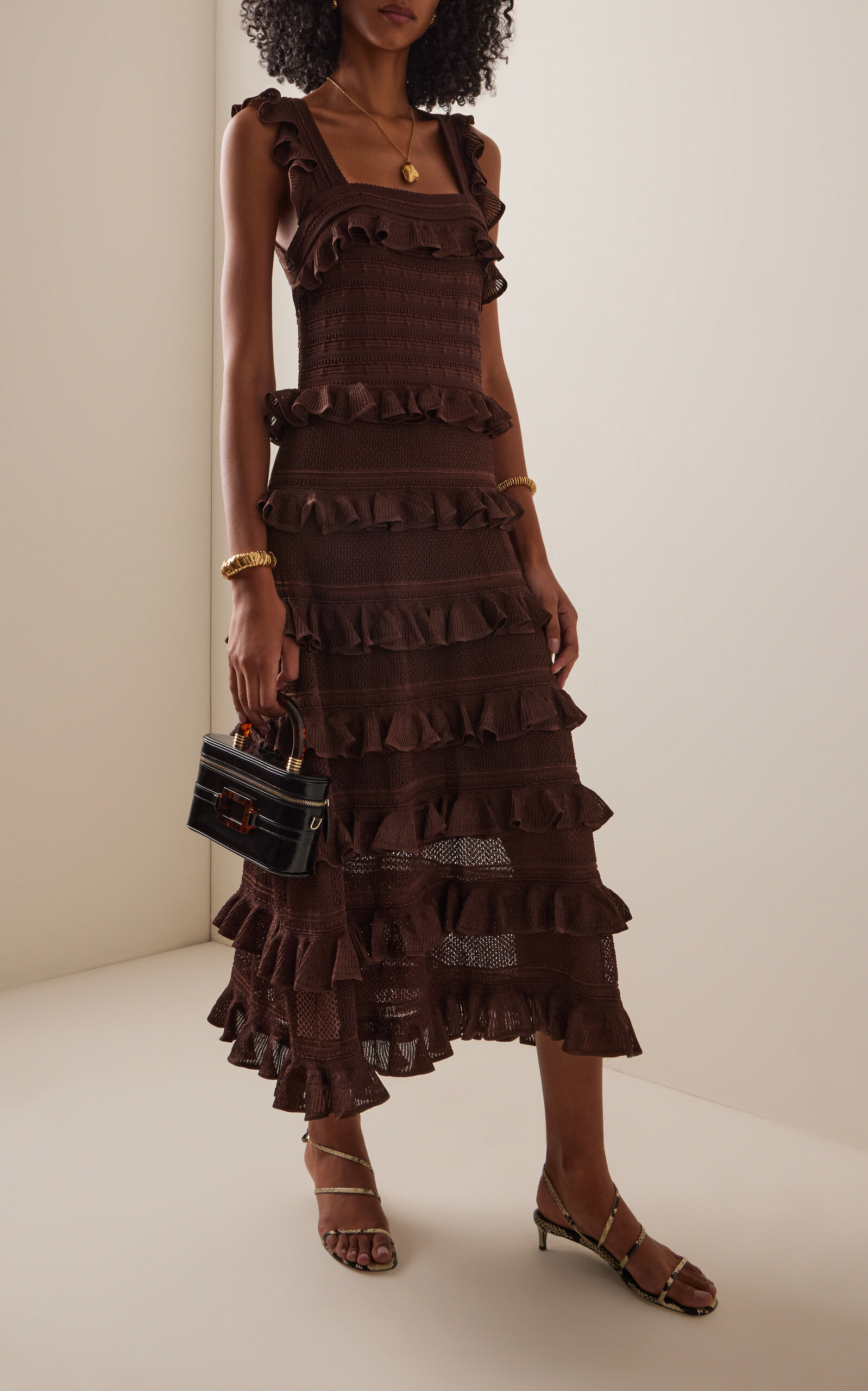 Hypnotic Ruffled Metallic Lace Midi Dress brown - 3