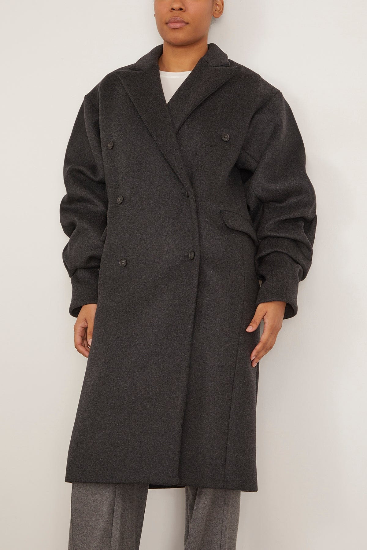 Pleated Sleeve Wool Coat in Dark Grey Melange - 3