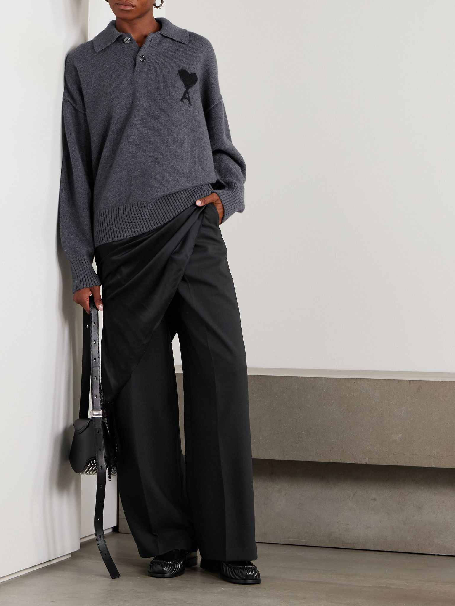 Oversized intarsia-knit wool polo sweater Dark gray - 2