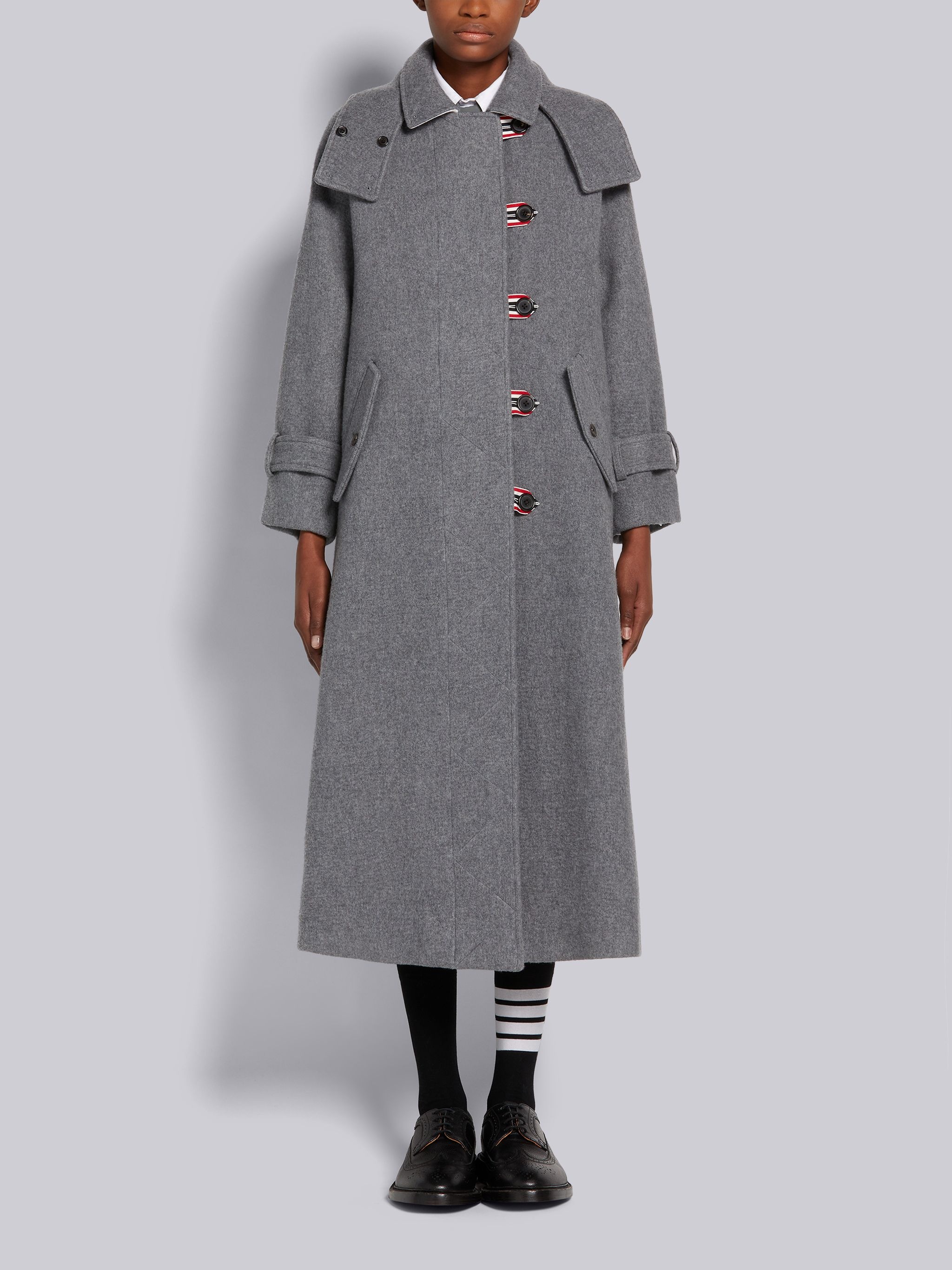 Medium Grey Felted Wool Cashmere Engineered Stripe Duffle Coat - 1