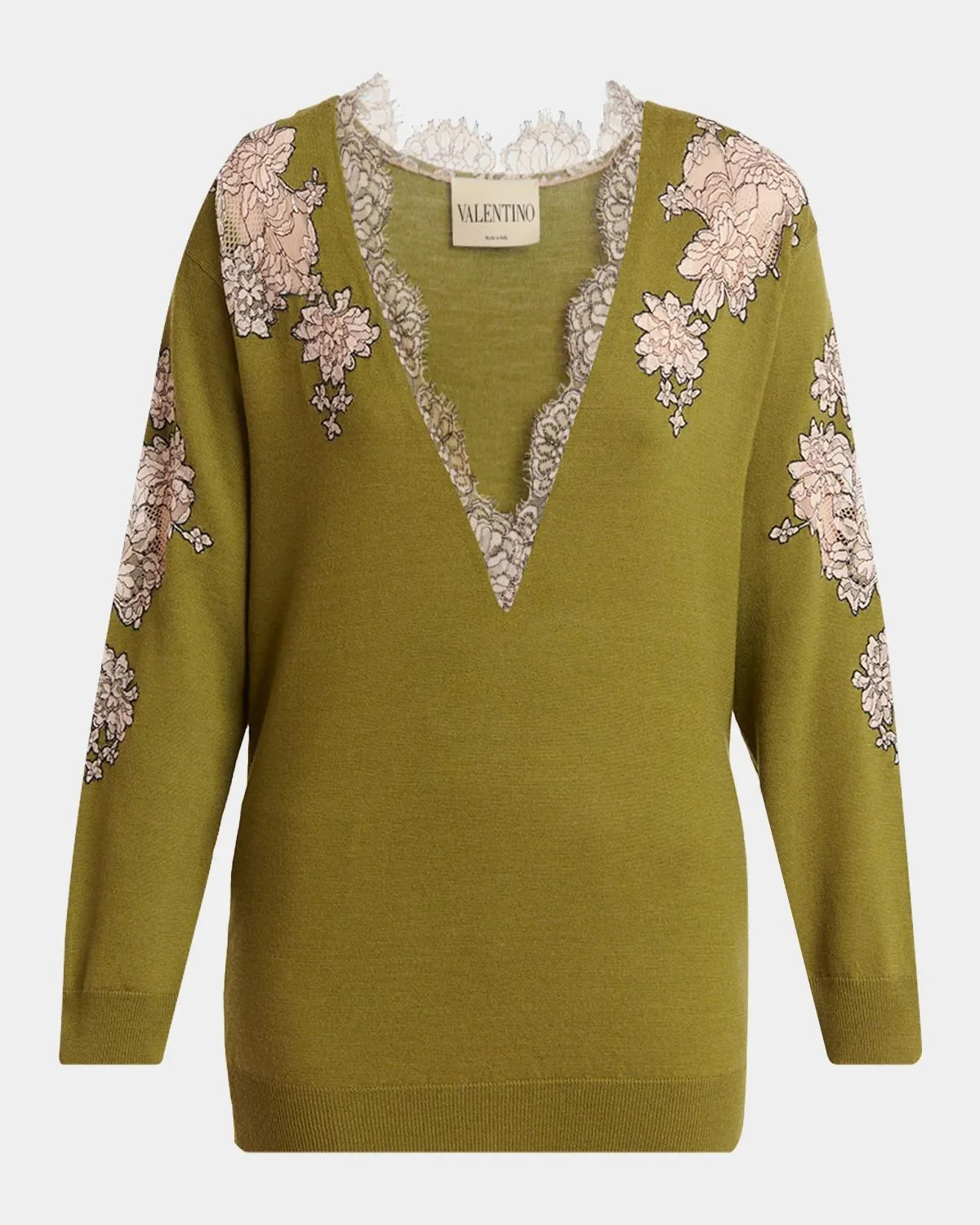 Lace-Inset Plunging Wool Sweater - 1