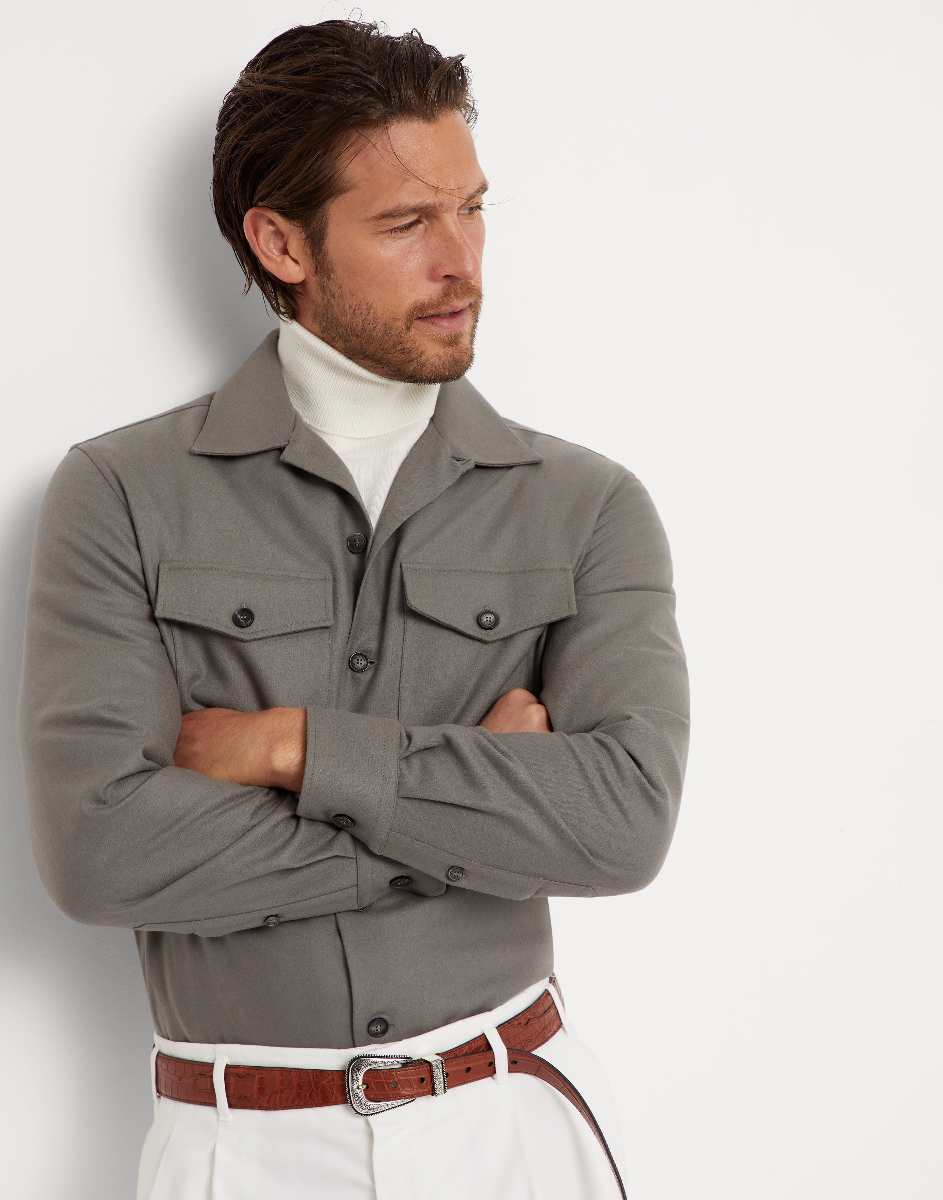 Virgin wool flannel overshirt with camp collar and chest pockets - 4