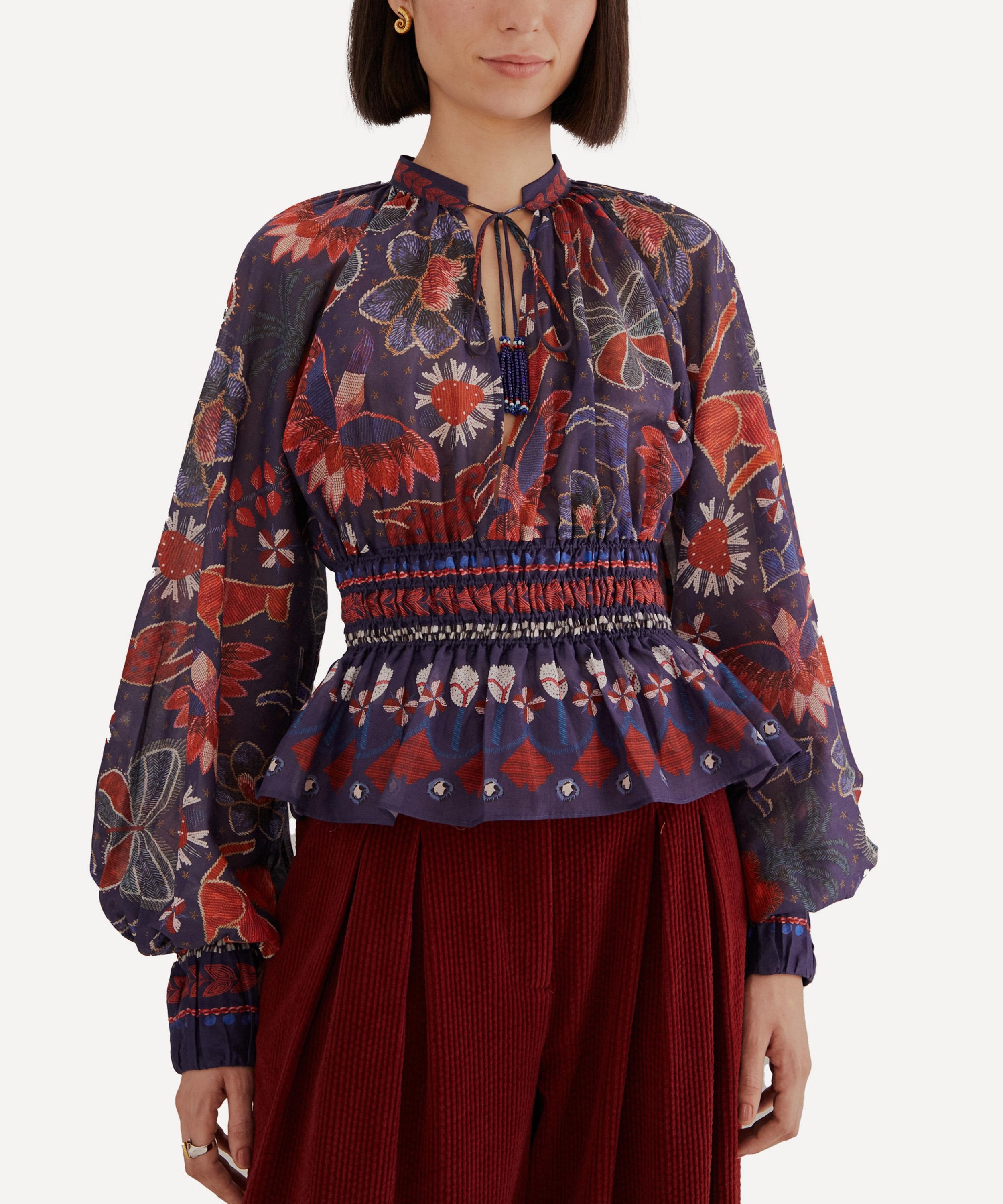 Dark Blue Tropical Shine V-Neck Blouse - 2