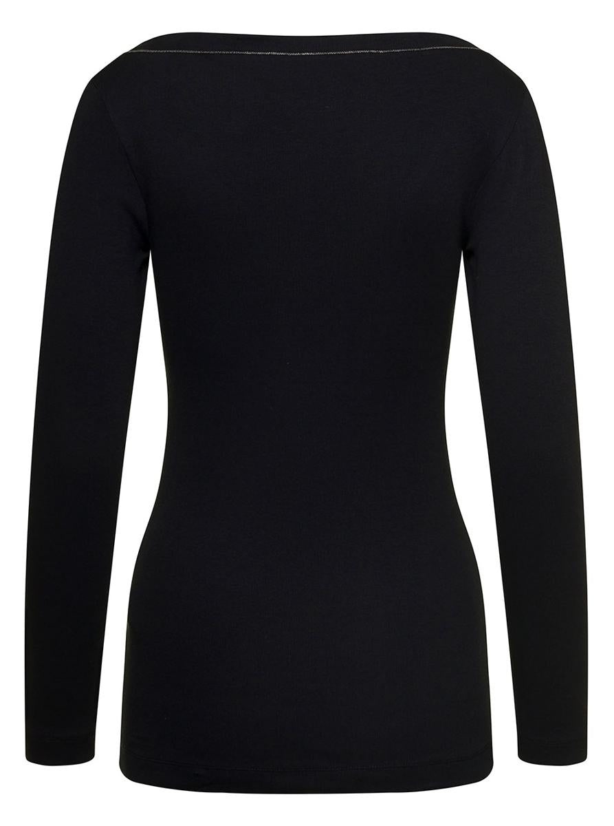 BRUNELLO CUCINELLI BLACK V-NECK PULLOVER WITH BEADS DETAILING IN STRETCH COTTON WOMAN - 2