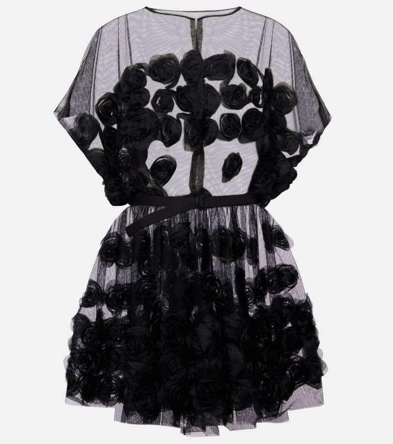 Floral-appliqué belted tulle minidress 1